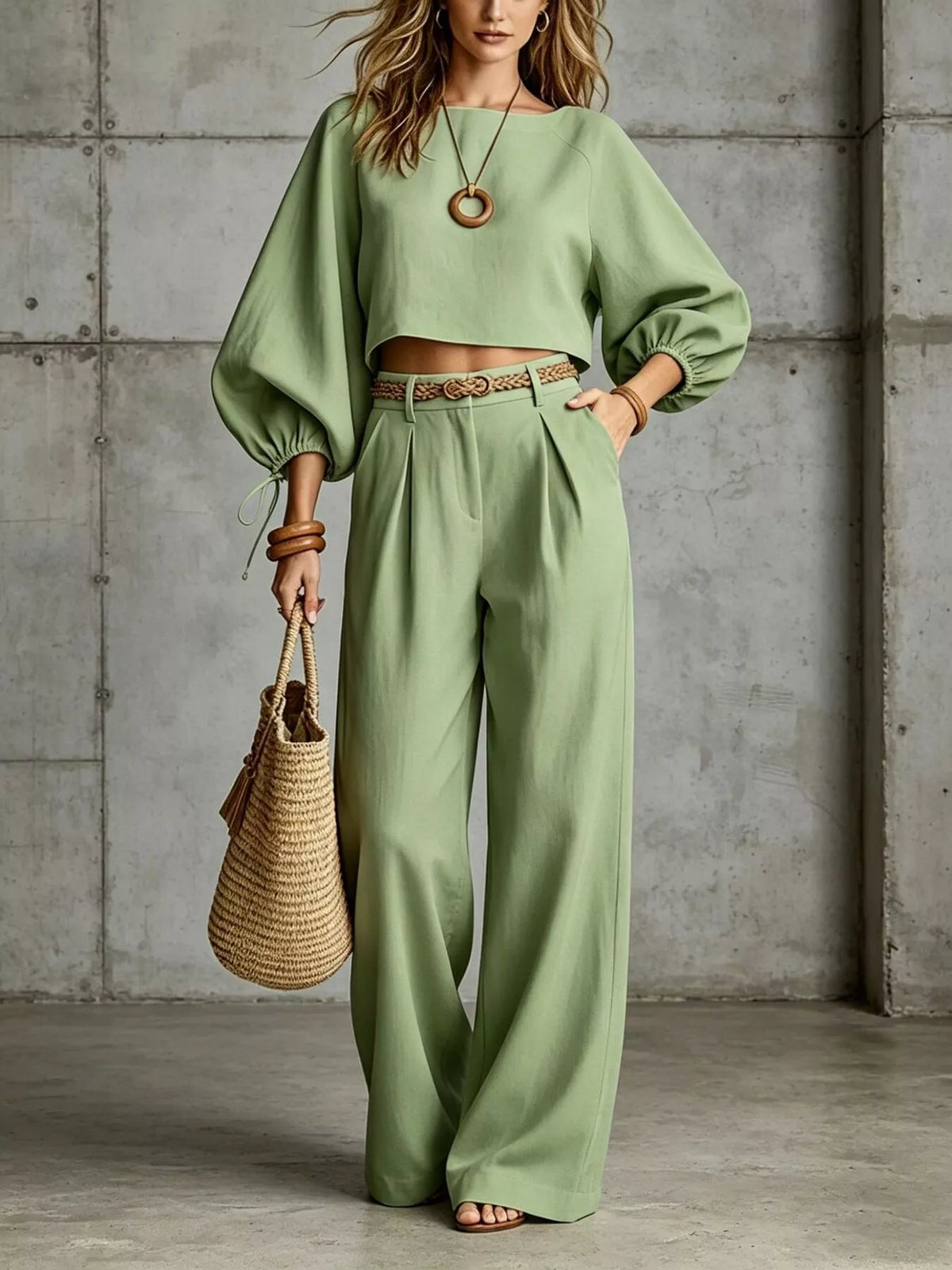 Cropped blouse and pants set, green set front