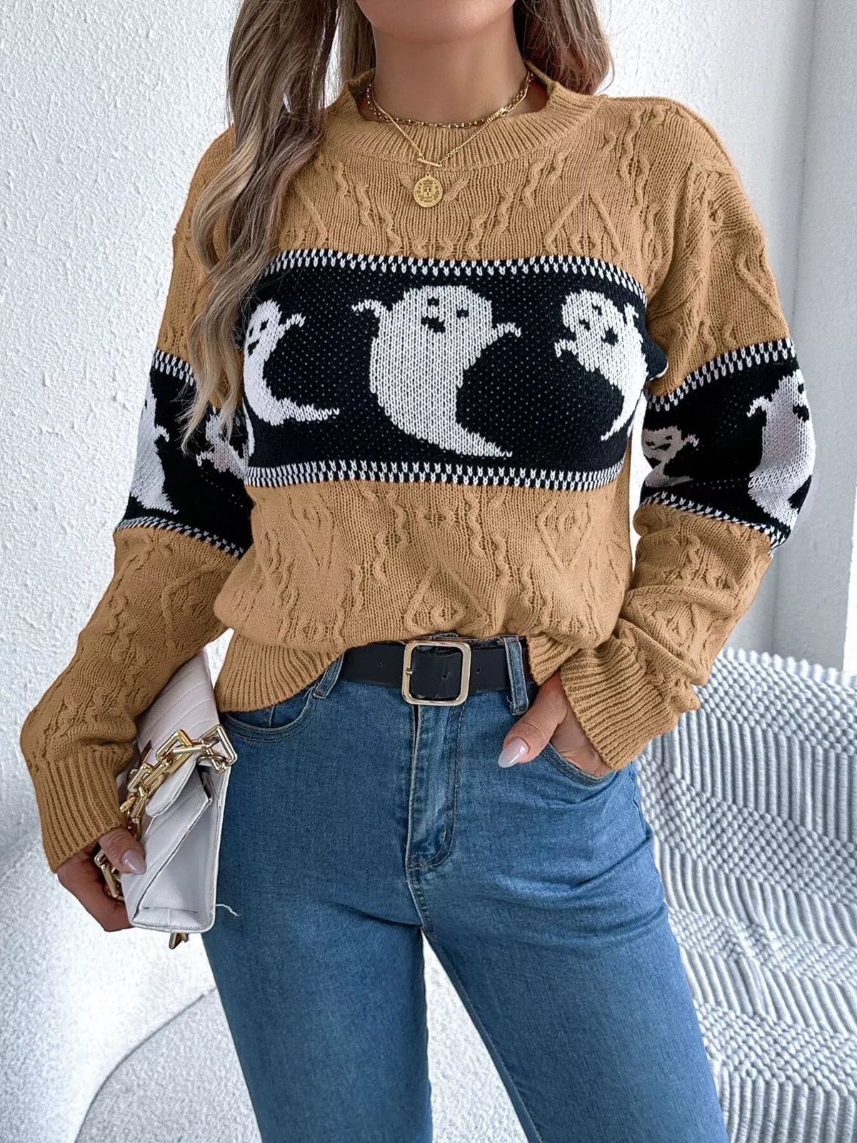 Halloween Ghost Pattern Textured Sweater in camel, front view