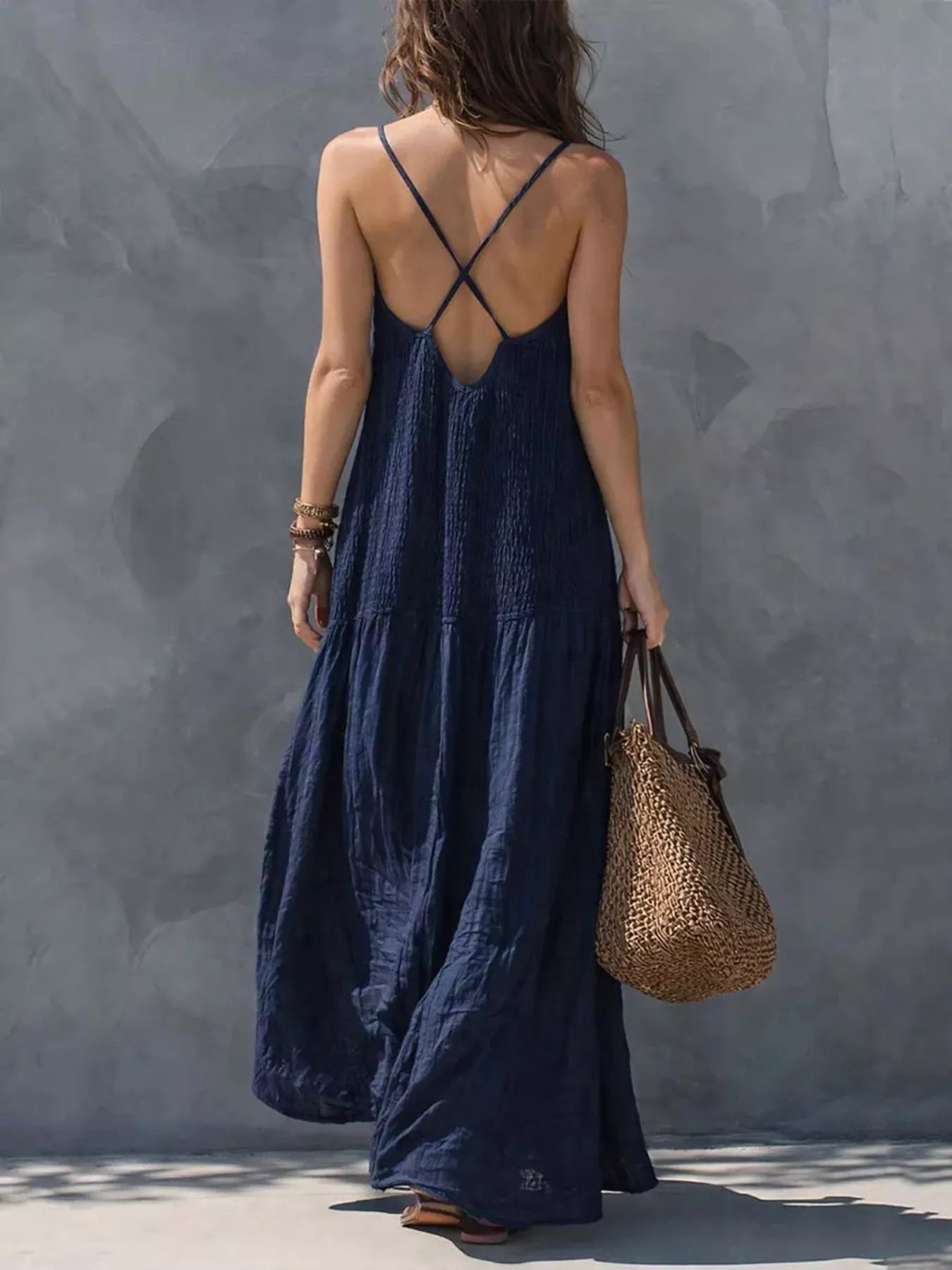 Trendsi Sleeveless Smocked V-Neck Casual Maxi Dress -