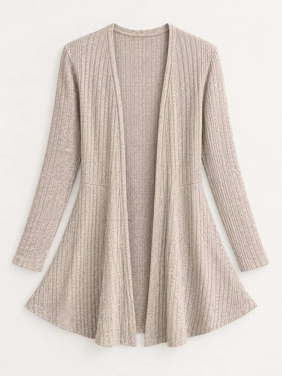 Apricot ribbed knit open front cardigan, back view