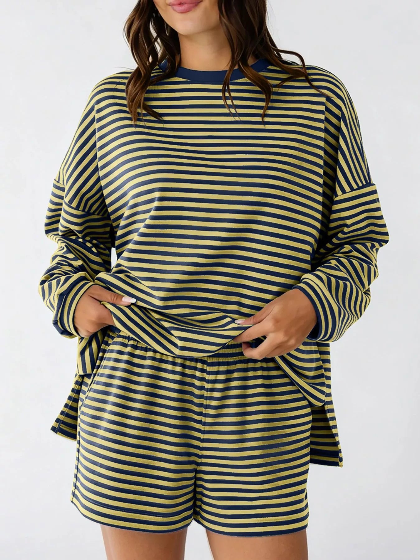Trendsi Casual Striped Long Sleeve Top and Shorts Set -