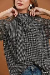 Trendsi Umgee Dot Print Tie Neck Long Sleeve Blouse -