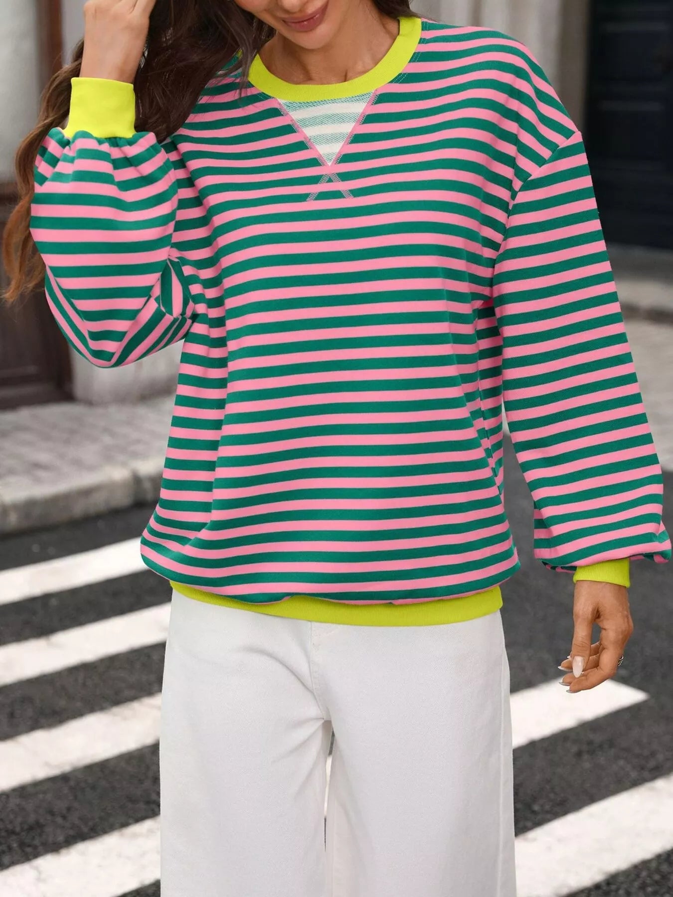 Trendsi Contrast Trim Striped Crew Neck Sweatshirt -