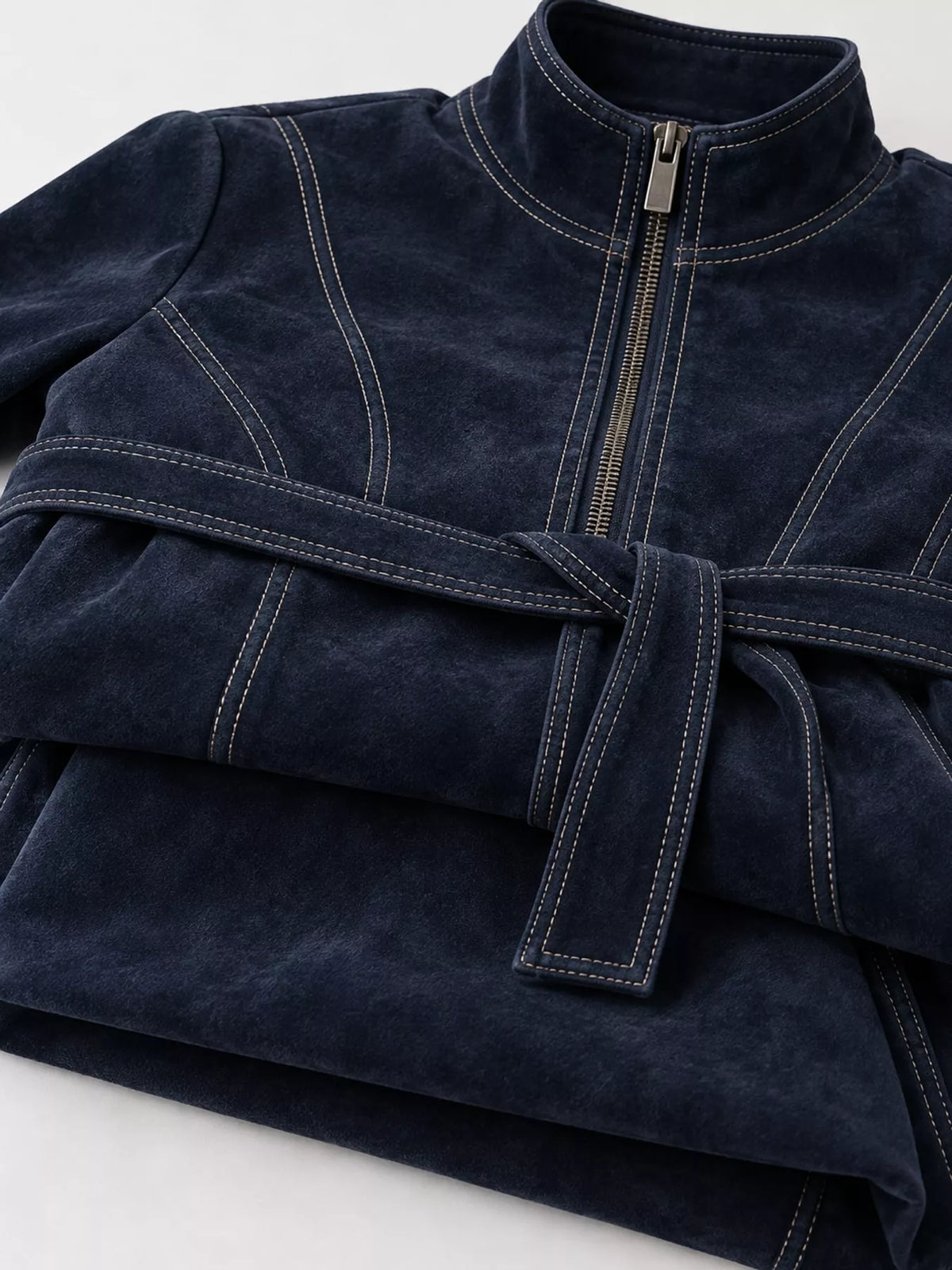 Navy zipper front midi dress, detail view
