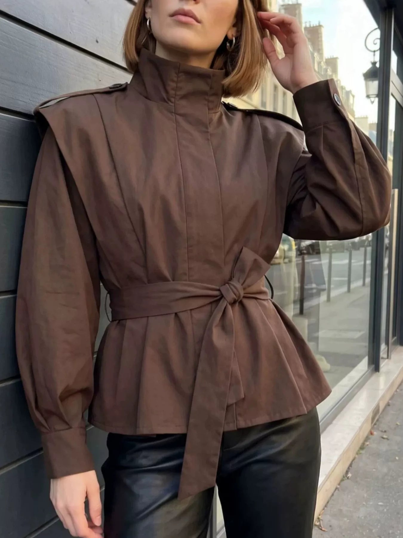 Trendsi Stand-Collar Belted Outerwear -