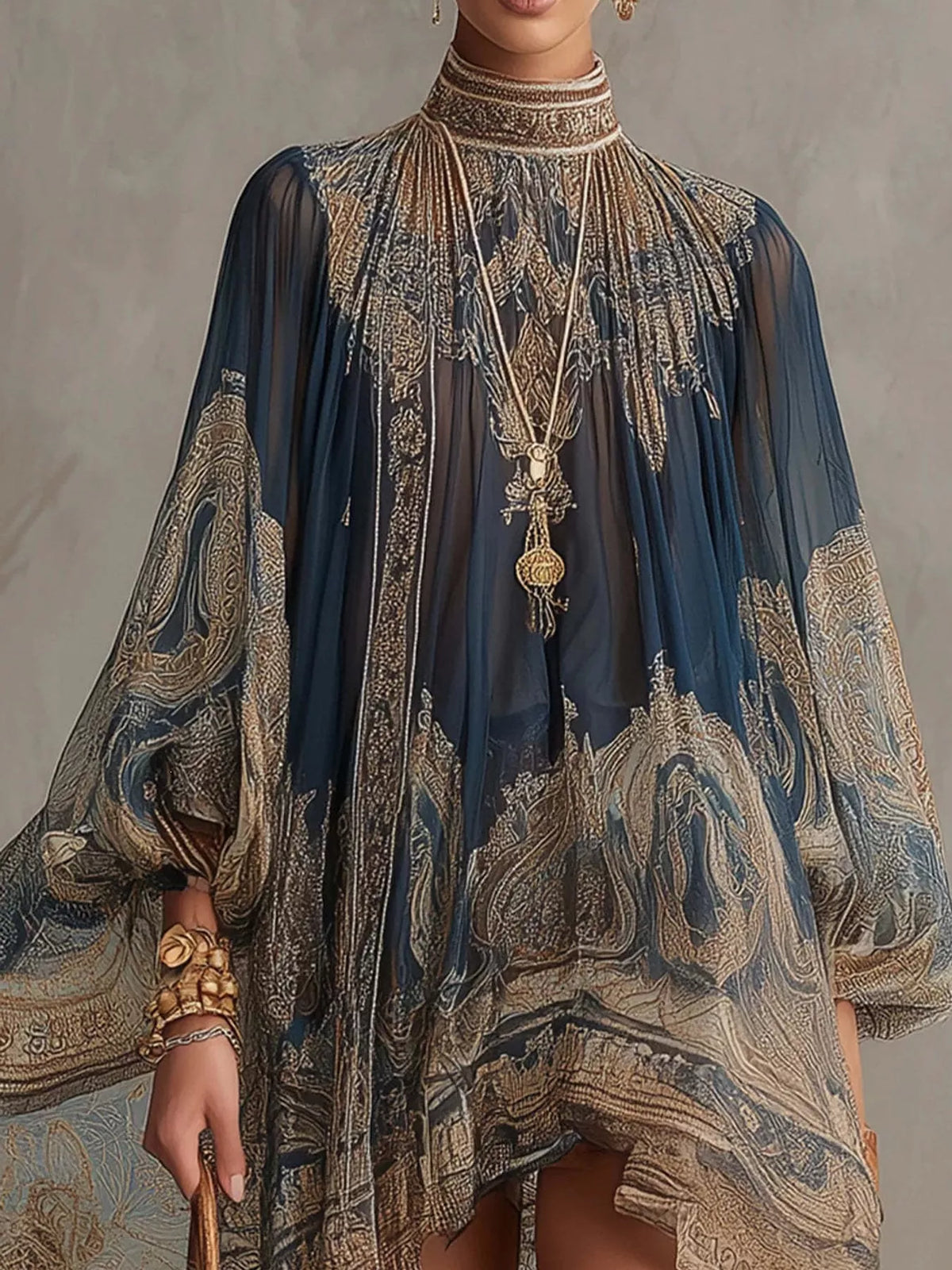 Women's Paisley Print Chiffon High-Low Mini Dress in navy and tan — front view