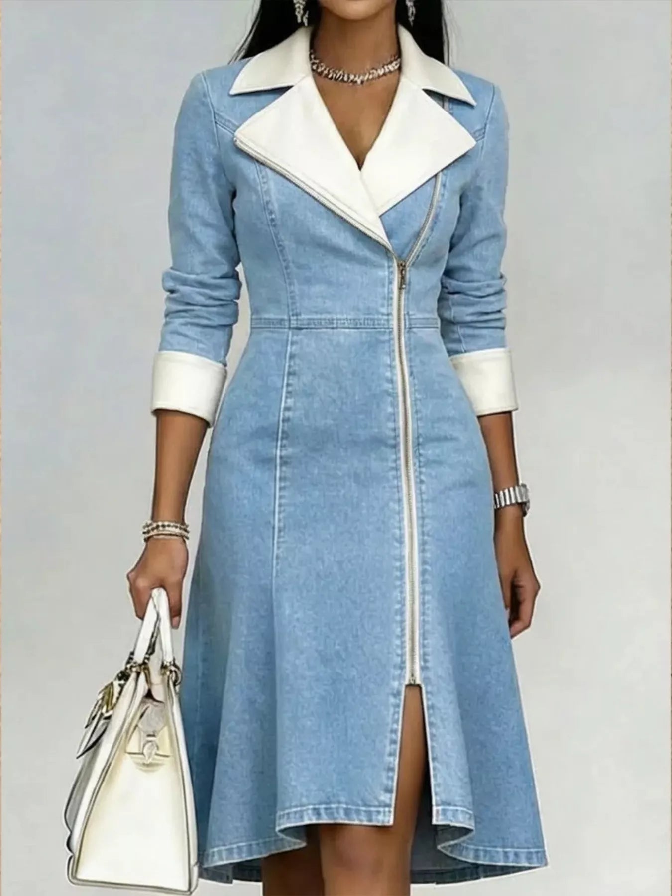 Trendsi Full Size Contrast Lapel Zip-Front Denim Dress Plus Size -