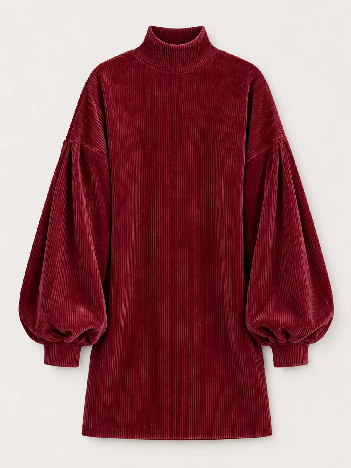 Corduroy Mock Neck Lantern Sleeve Mini Dress in burgundy, front view