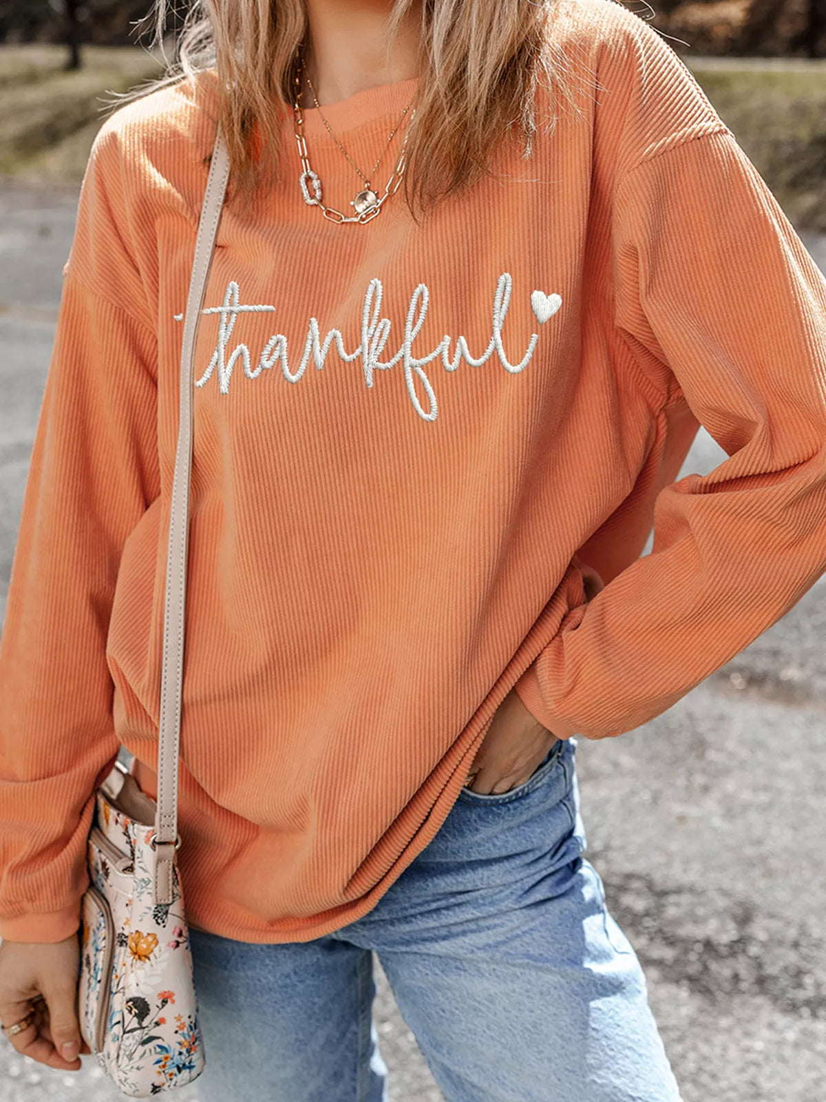 Thankful Embroidered Corded Crewneck Sweatshirt, front view