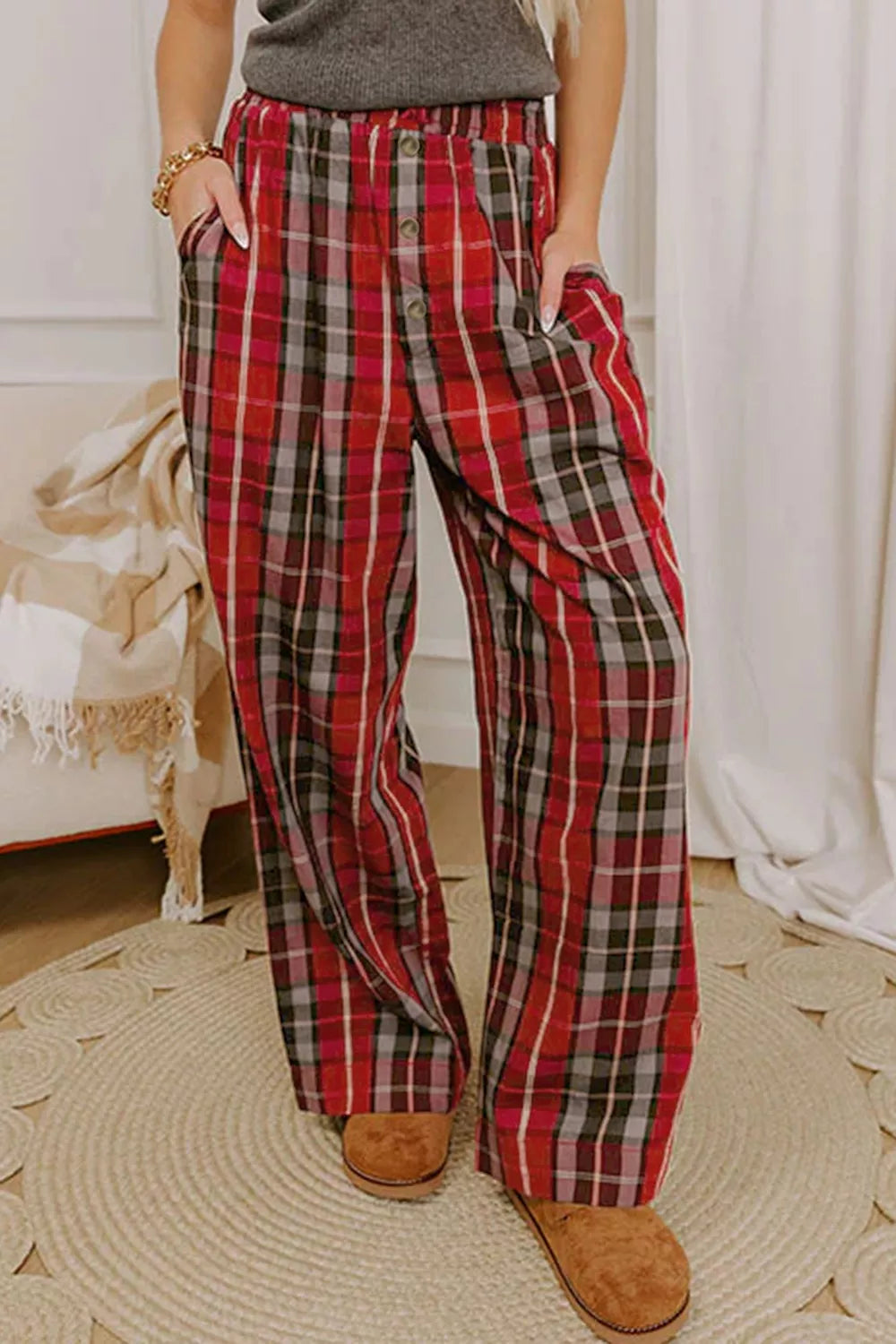 Plaid Elastic Waist Pocket Regular Full-Length Pants in red, front view