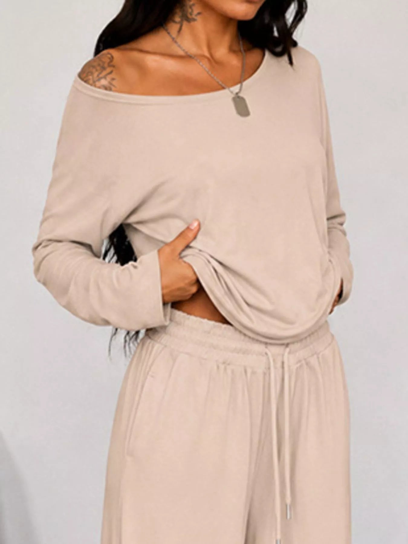 Trendsi Full Size One-Shoulder Top and Drawstring Pants Set Plus Size -
