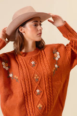 Trendsi SO ME Embroidered Flower Cable Knitted Sweater -