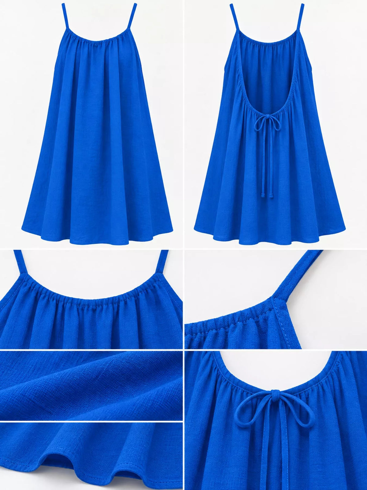 Blue spaghetti strap A-line mini dress with open tie back, front, back and construction details