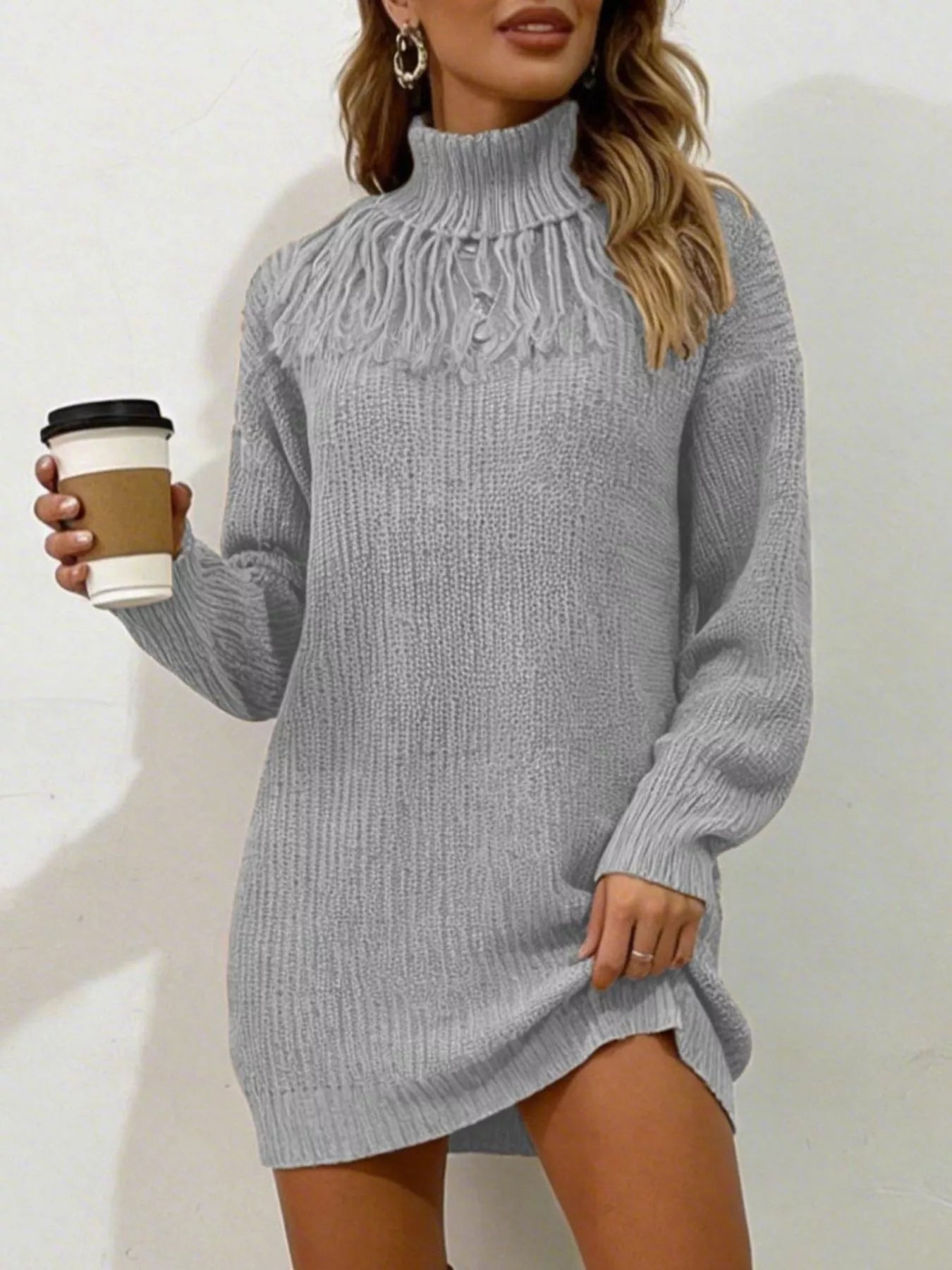 Trendsi Full Size Turtleneck Fringe Detail Sweater Dress Plus Size -