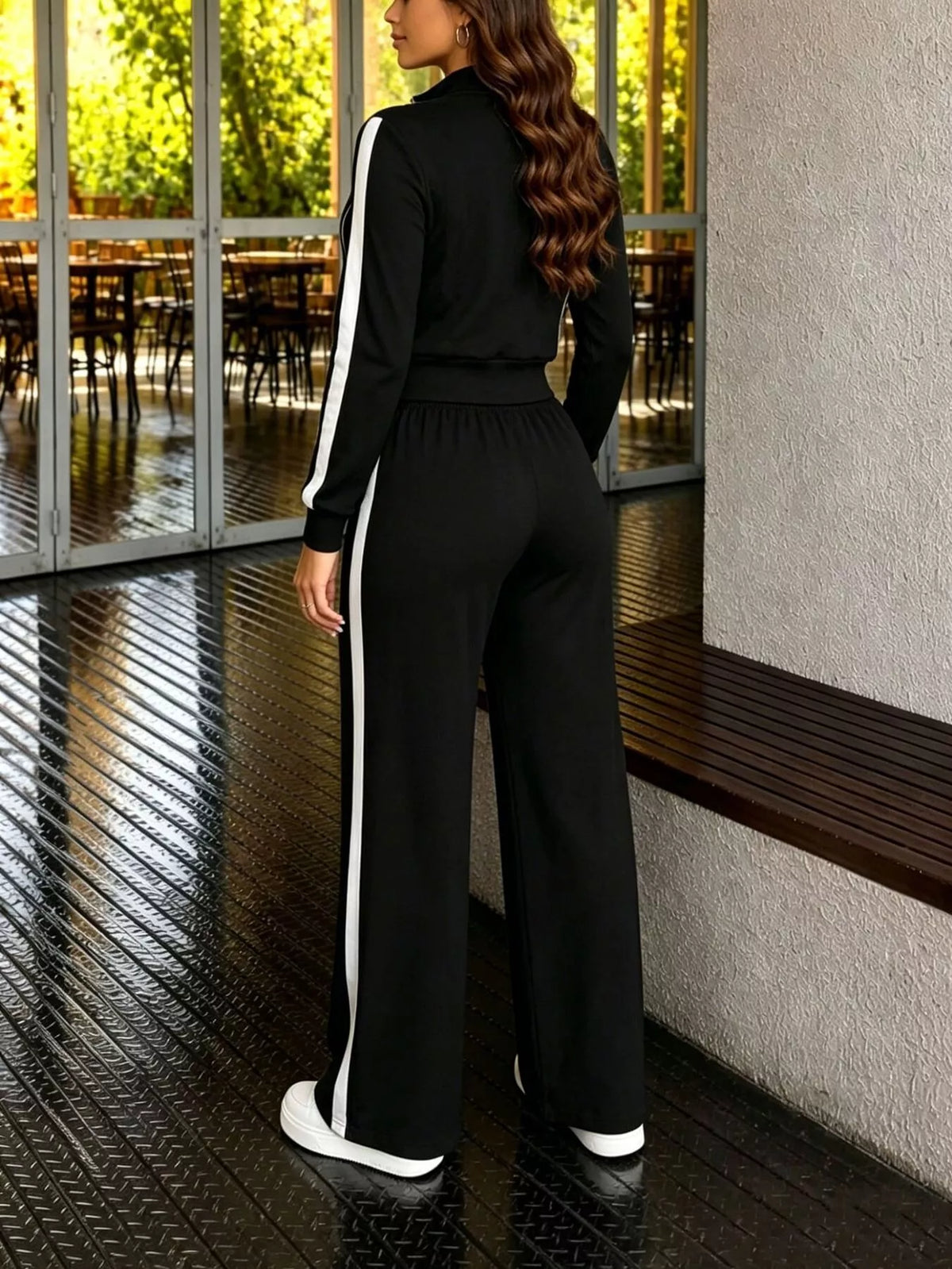 Contrast Zip Up Top and Pants Set in black, back view
