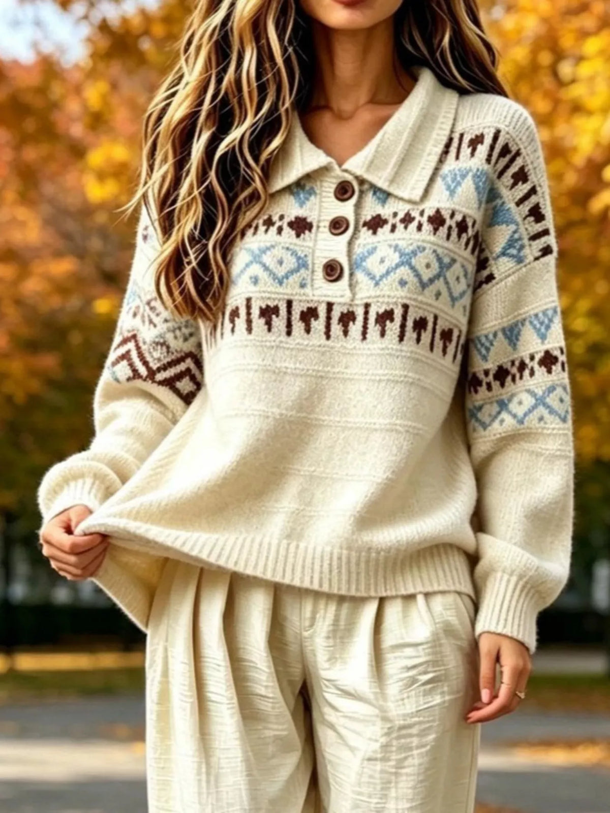 Cream fair isle pattern polo collar sweater