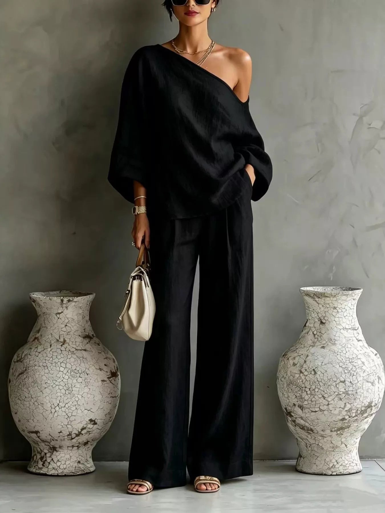Trendsi One Shoulder Top and Wide Leg Pants Set -