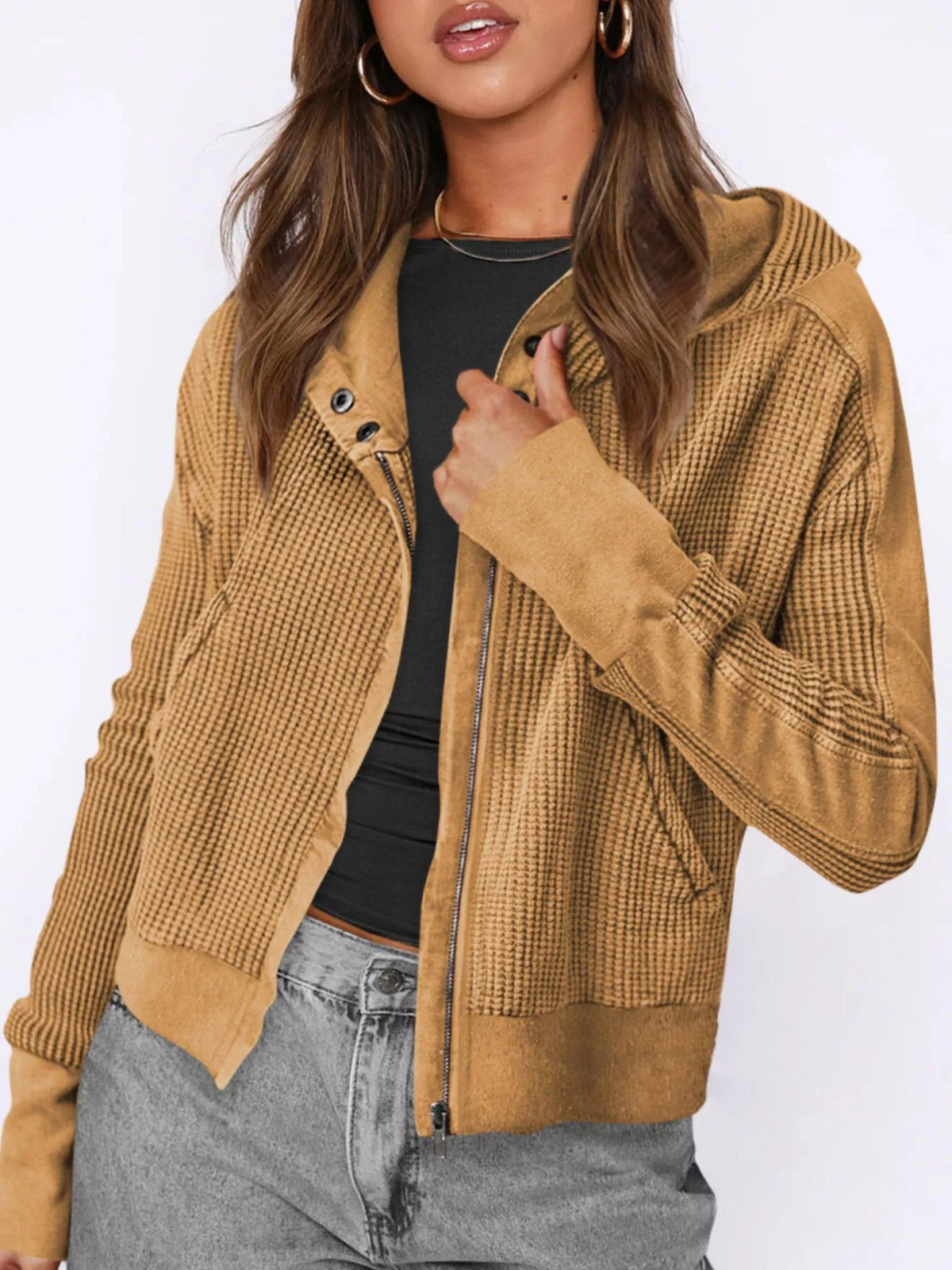 Trendsi Waffle Knit Zip-Up Jacket -