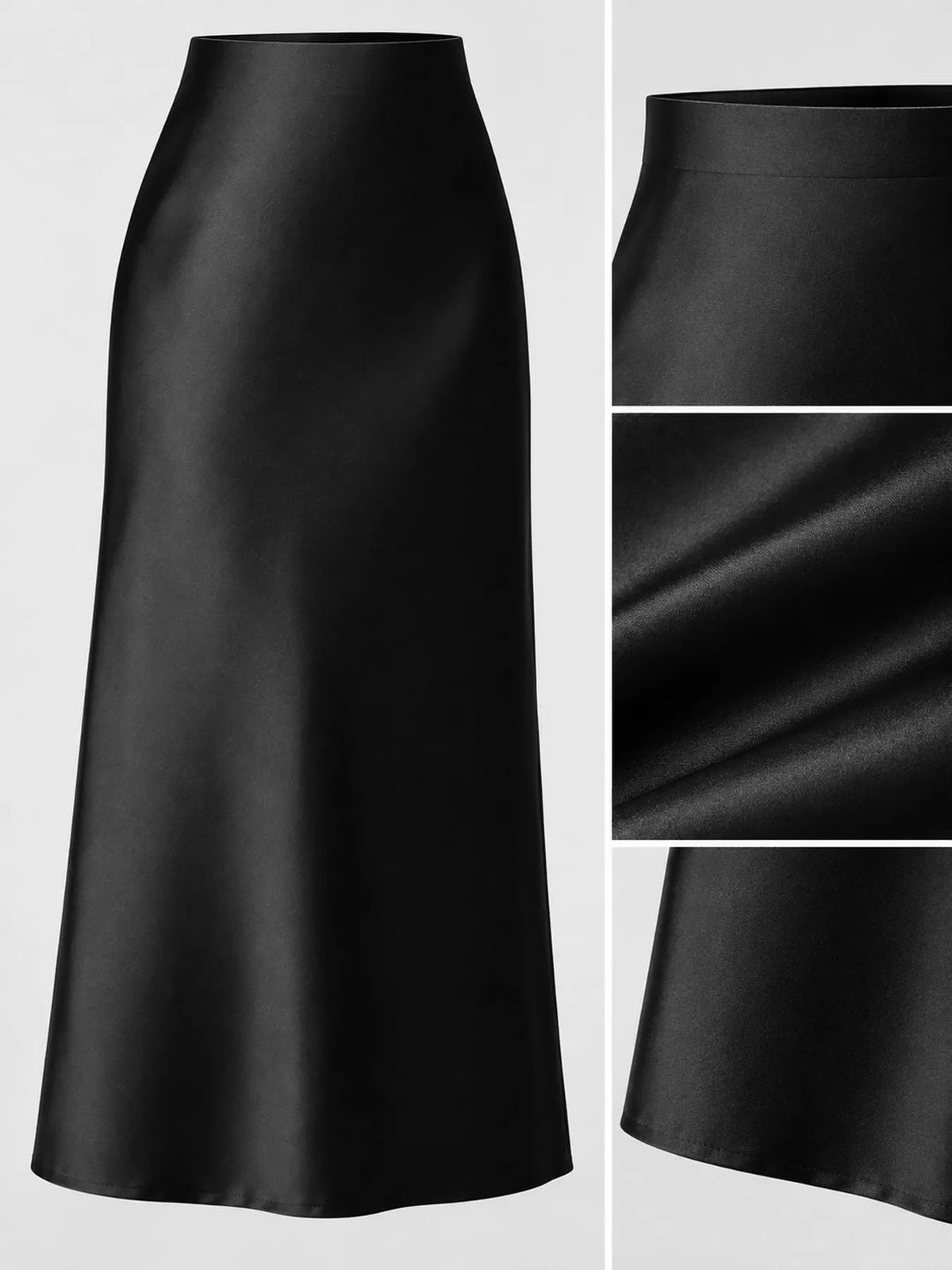 Satin midi skirt, black waist fabric and hem details