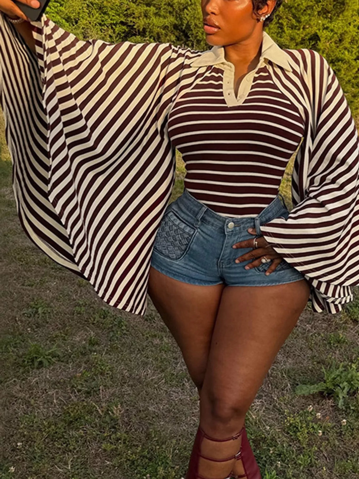 Collared long sleeve top, front view on model