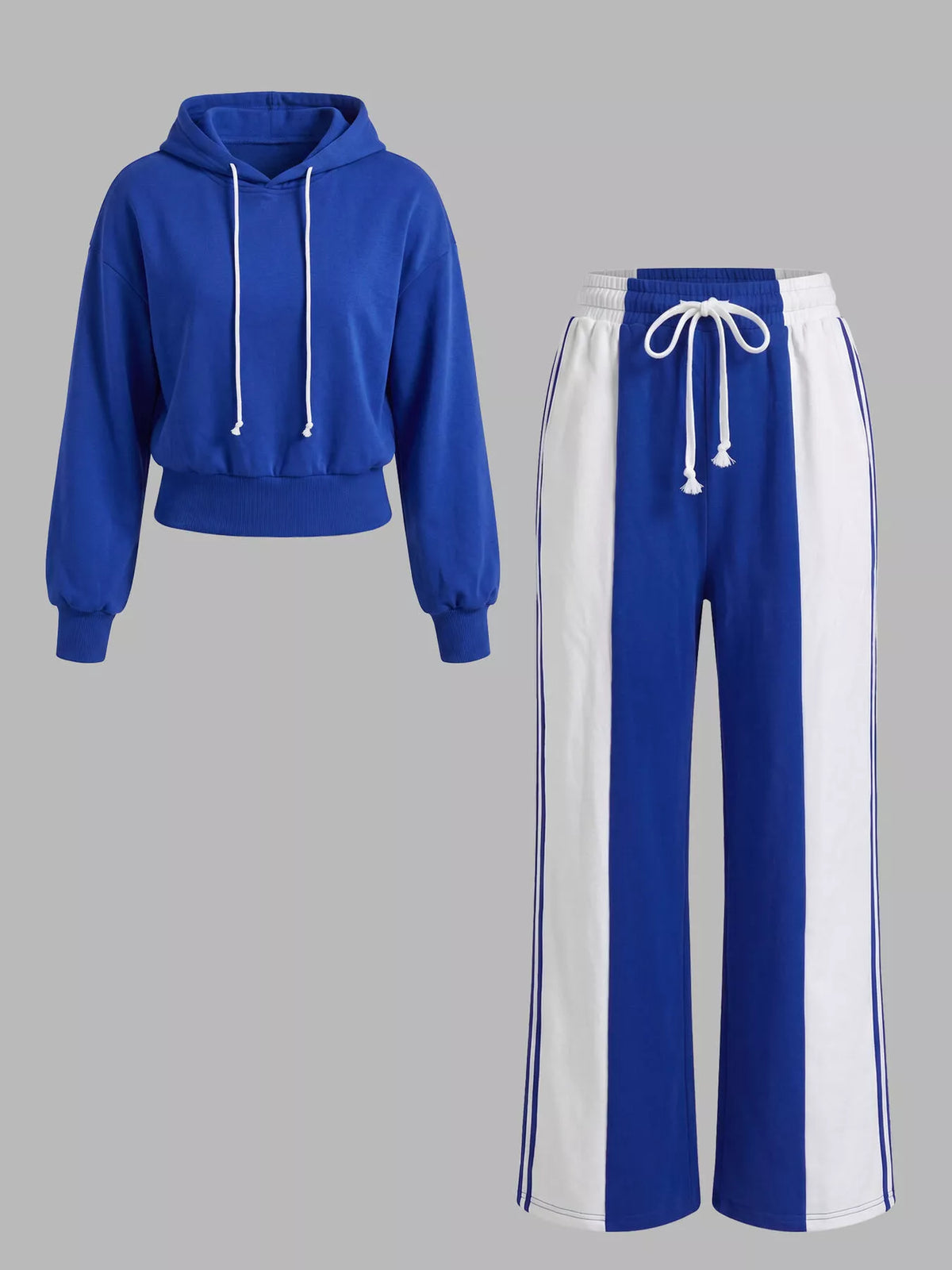 Blue And White Drawstring Hoodie and Color-Block Wide-Leg Pants Set flat-lay front and back view