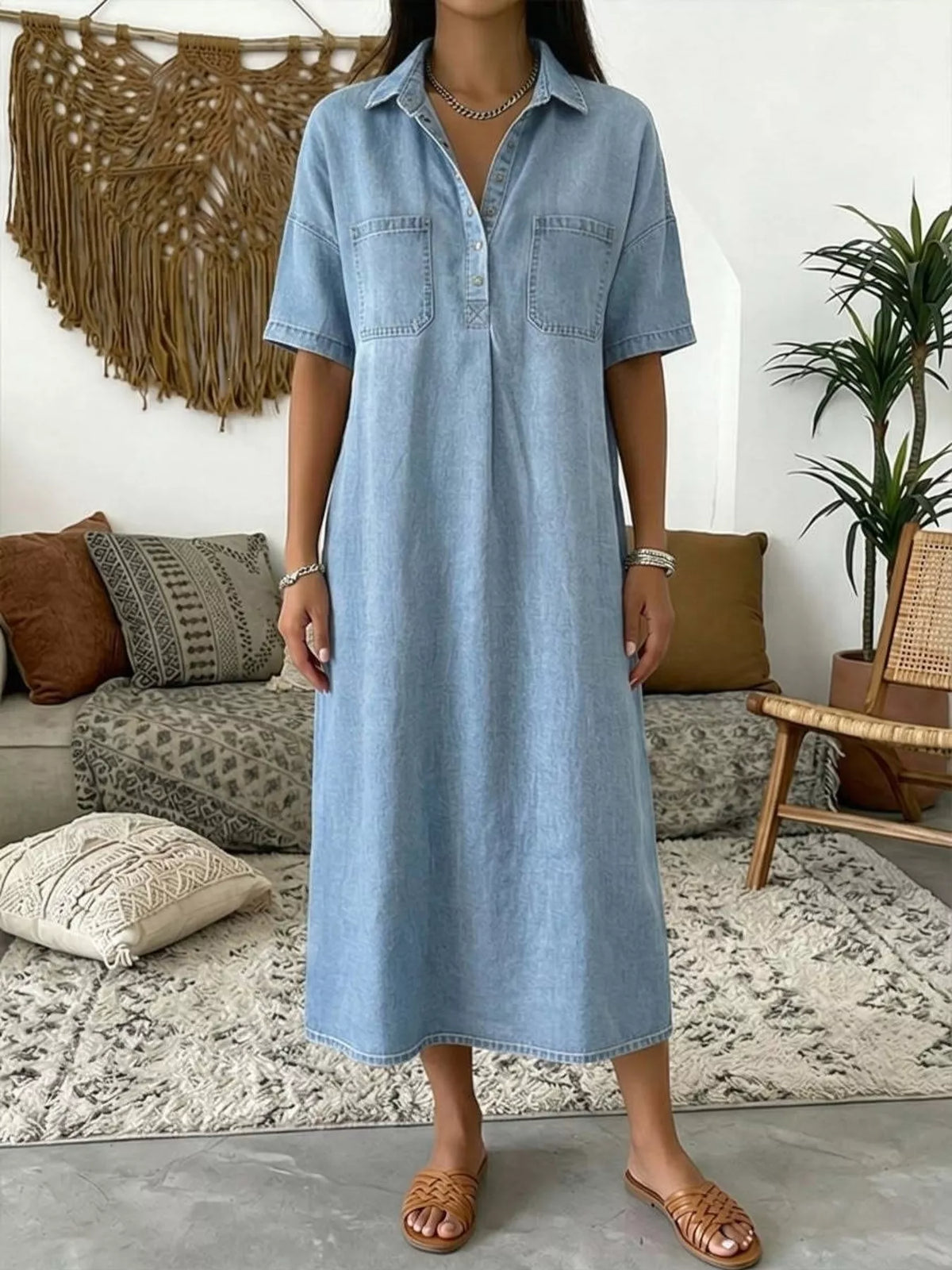 Light blue short sleeve dress with chest pockets — front view