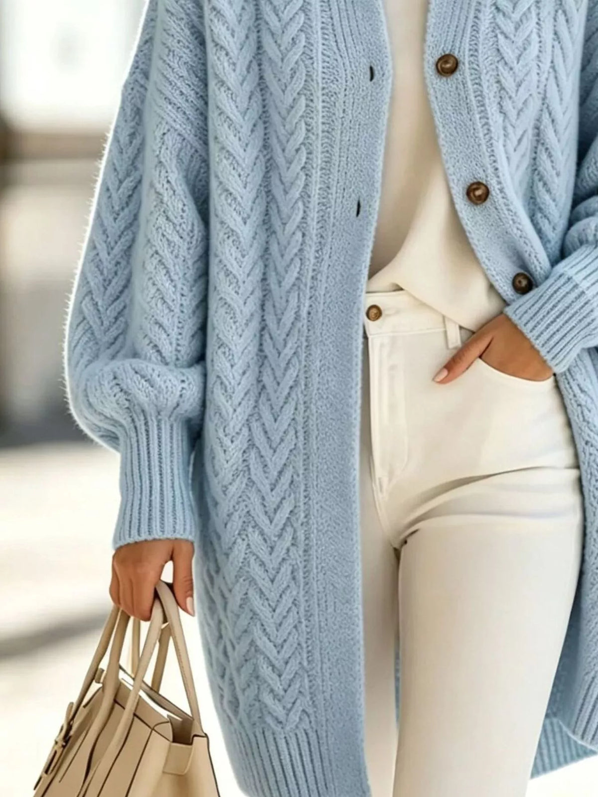 Round neck long sleeve cardigan, construction and design details