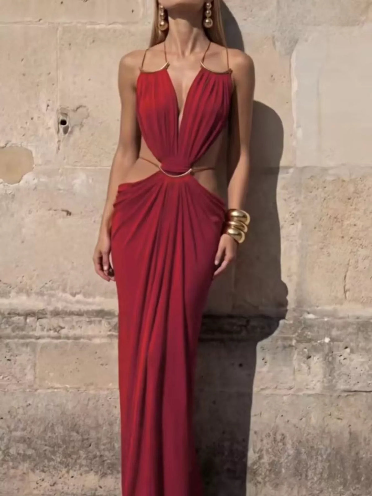 Red backless plunge cut-out maxi dress