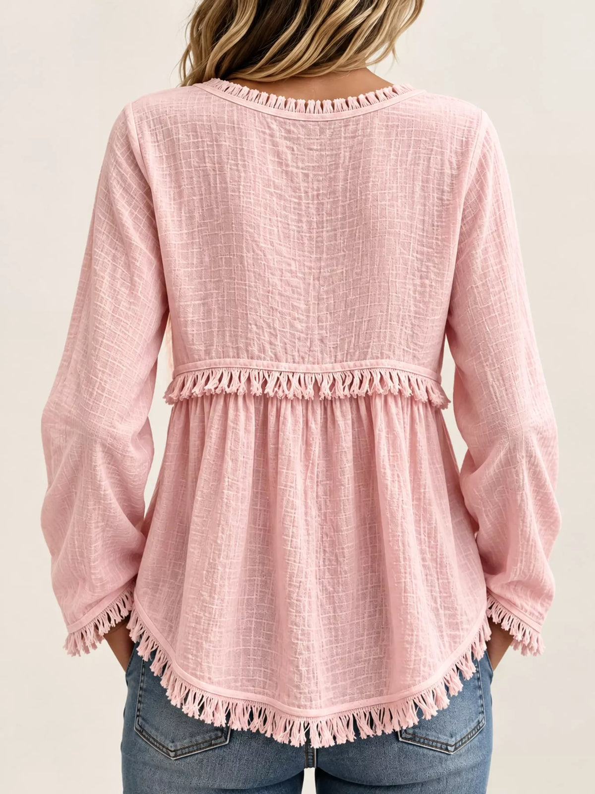 Fringe-trim blouse, blush back