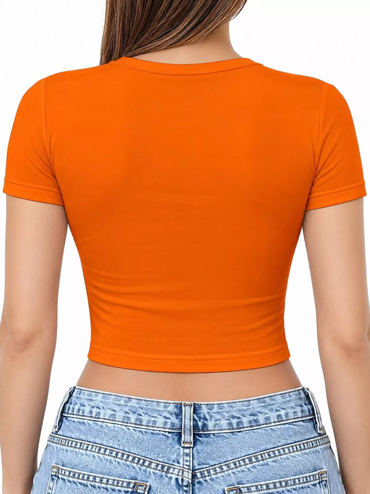 Orange crew neck crop T-shirt, back view