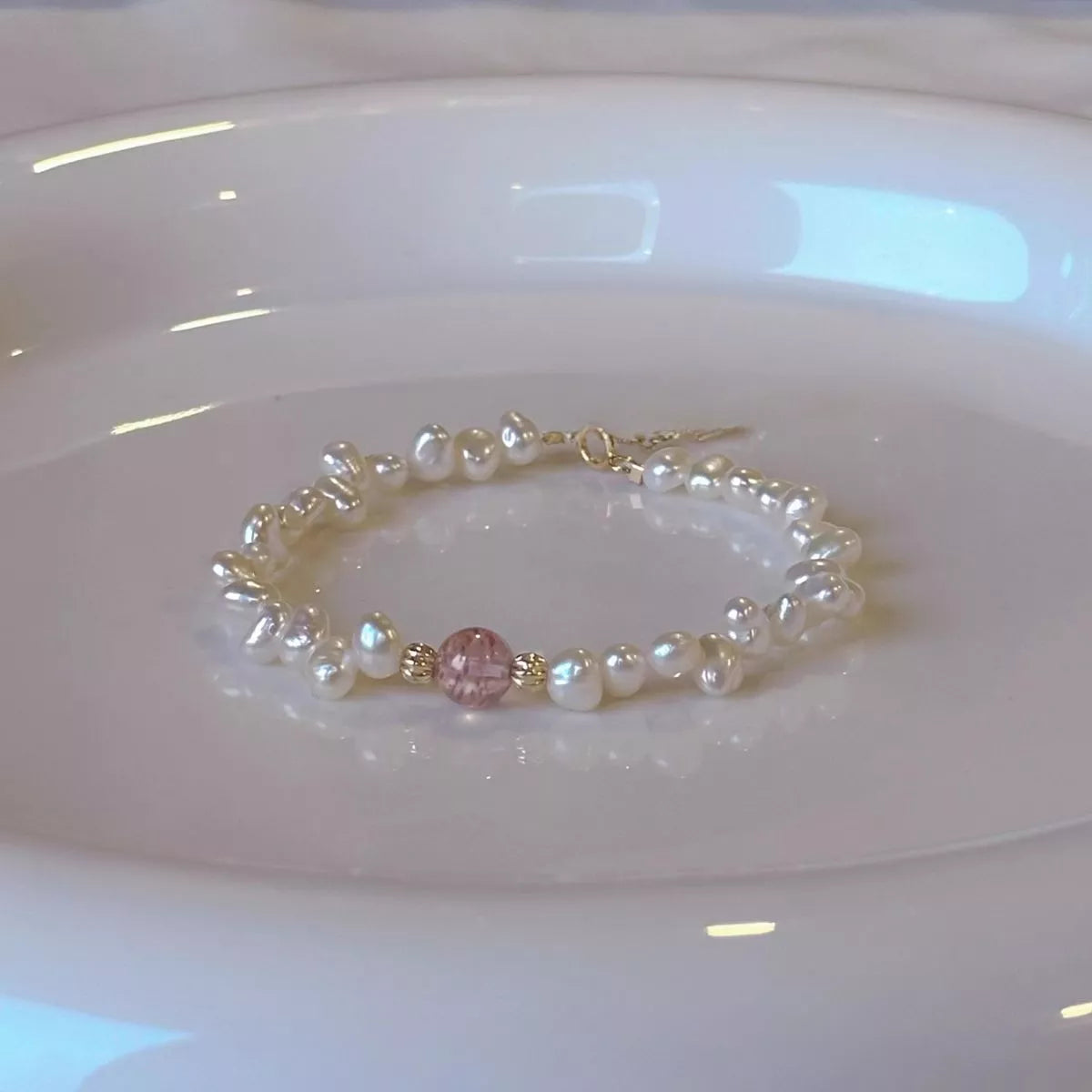 Women's Synthetic Pearl And Crystal Bracelet Gold Plated Sterling Silver