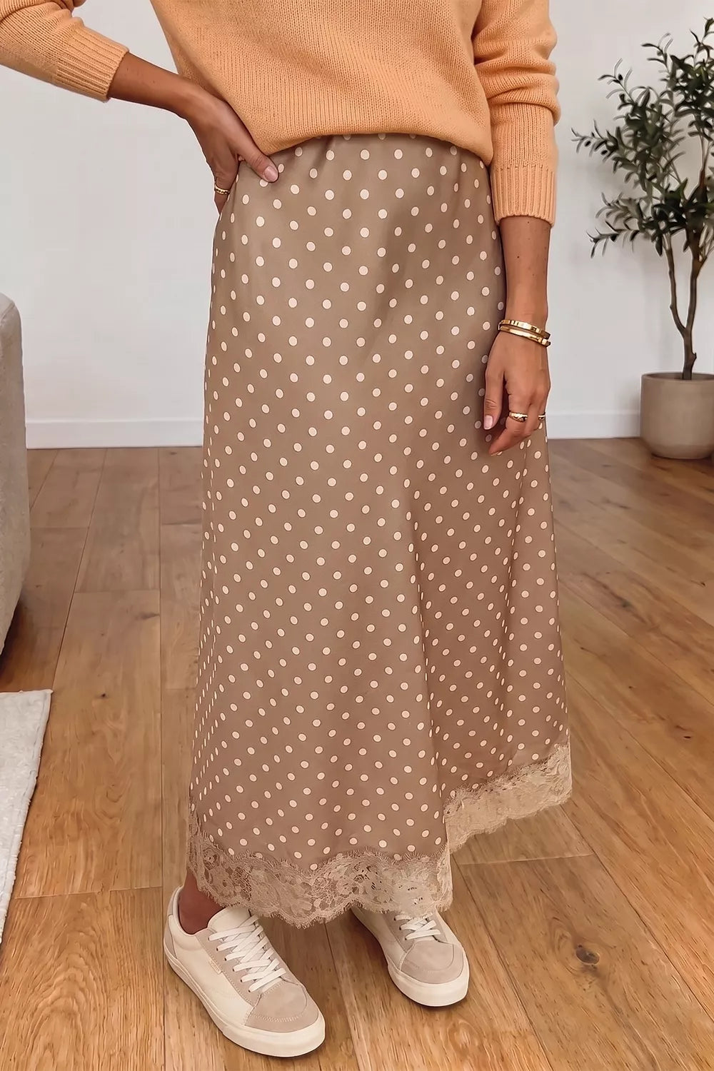 Trendsi Polka Dot Lace Trim Midi Skirt -