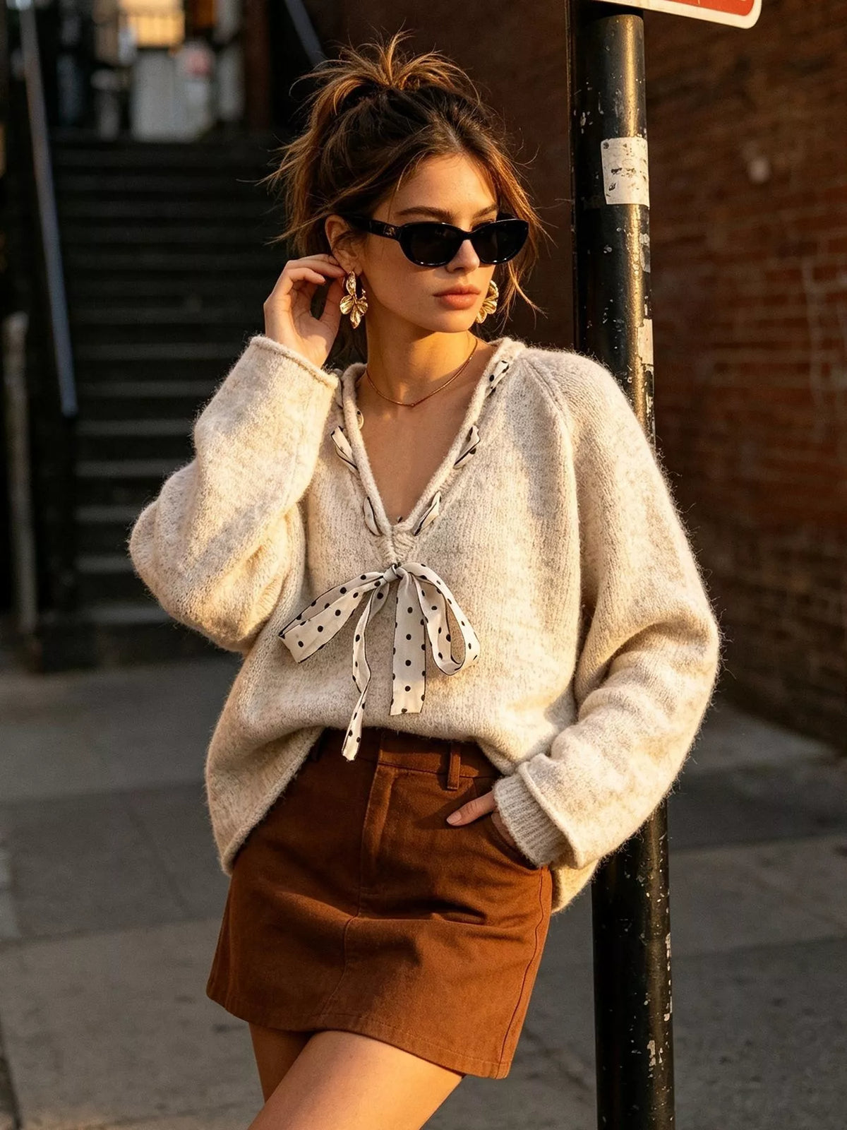 Beige v-neck knit top with polka dot ribbon tie, front with raised hand.