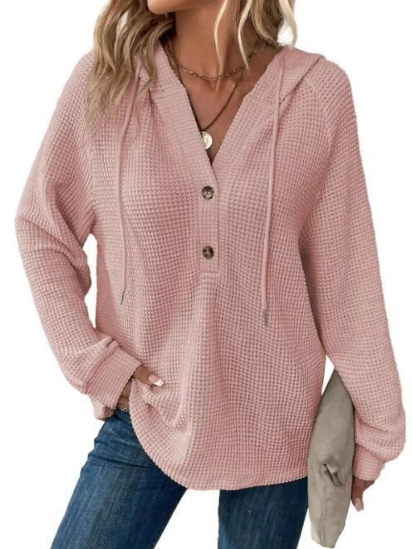 Trendsi Full Size Waffle Knit Half-Button Hoodie Plus Size -
