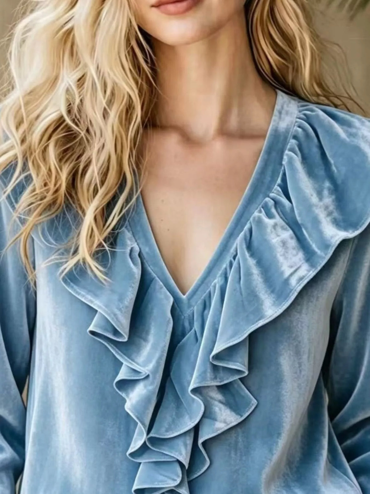 Cerulean Velvet Ruffled V-Neck Long Sleeve Blouse neckline detail