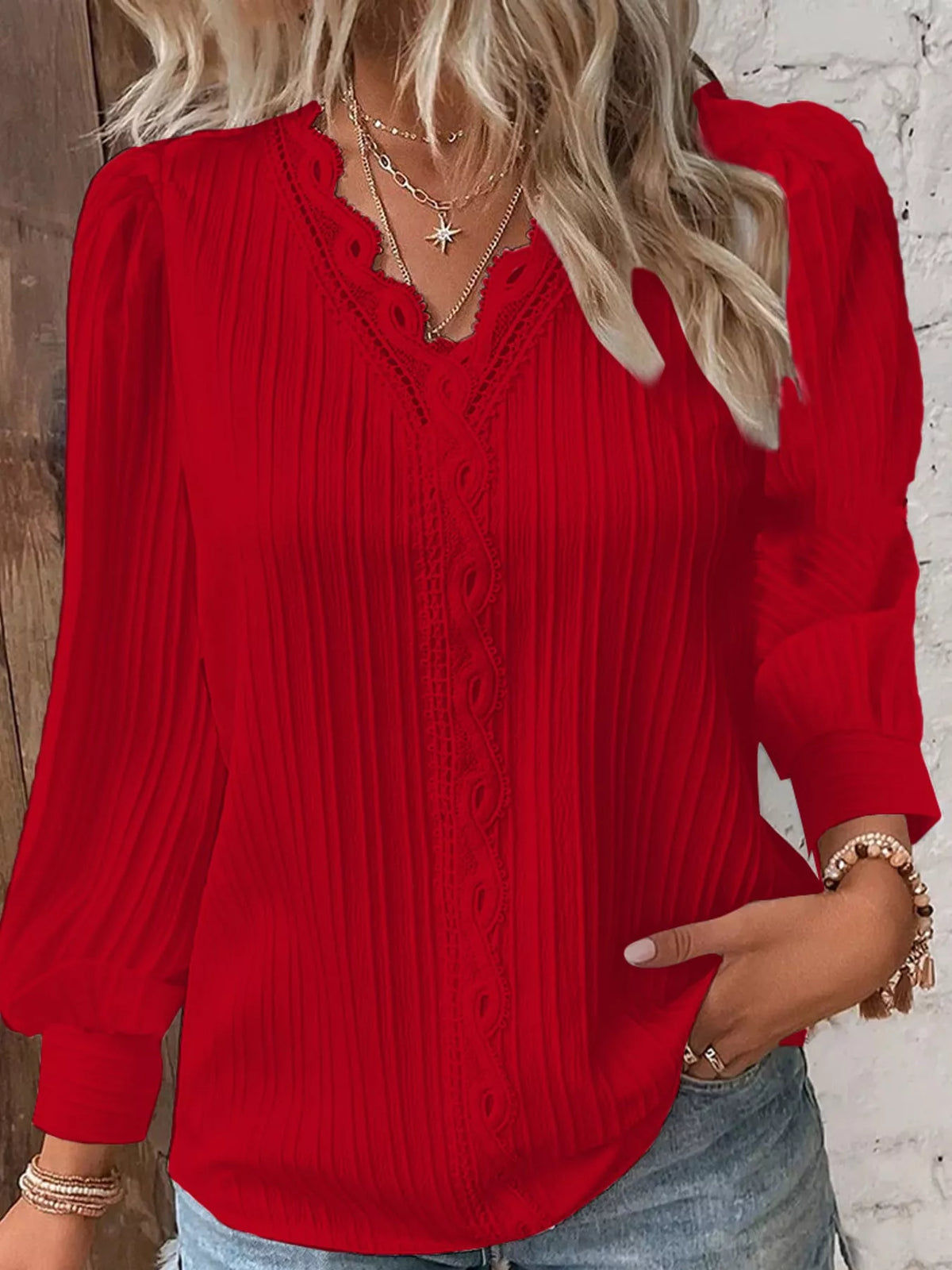 Bright red long-sleeve blouse