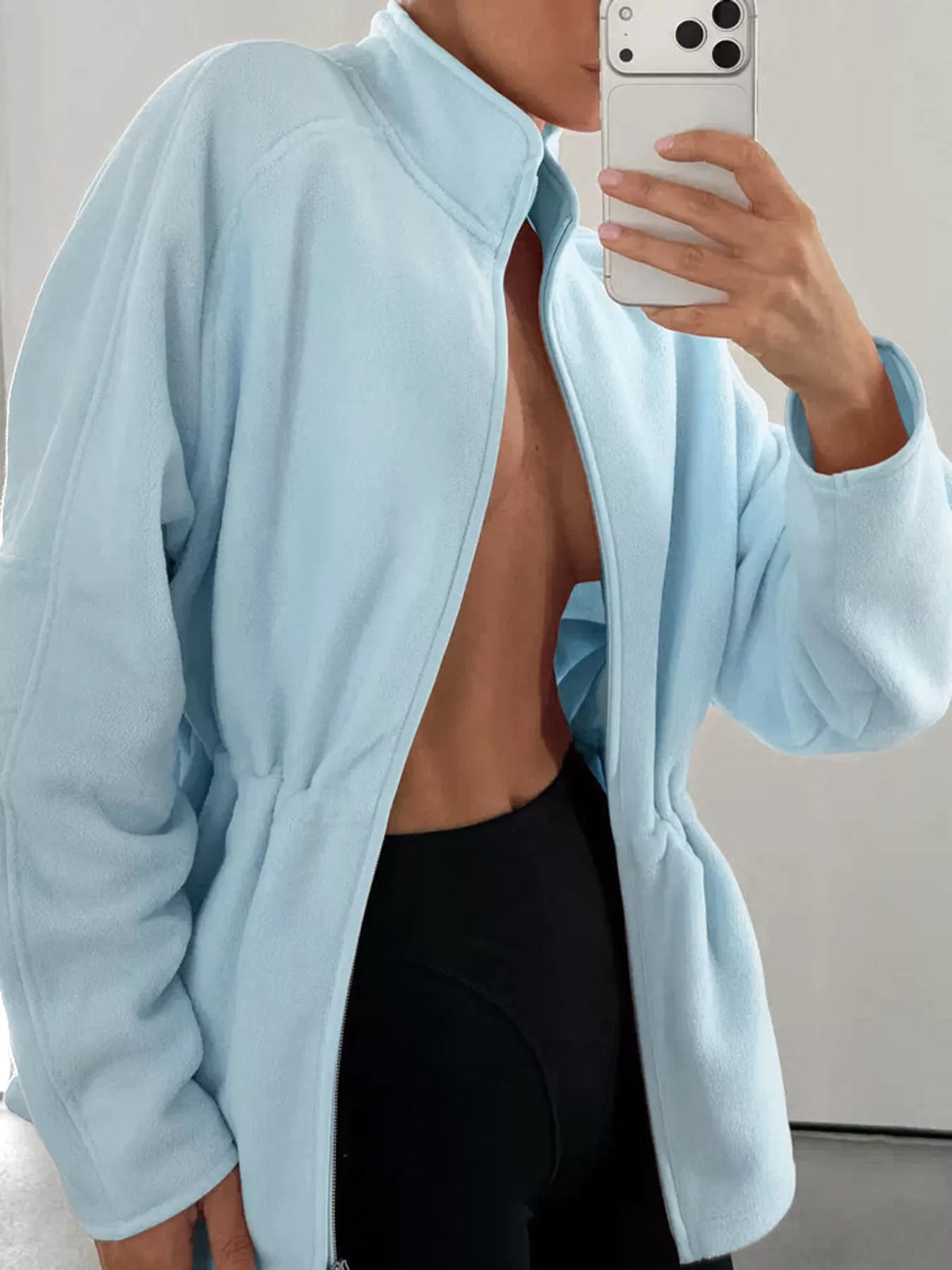 Blue drawstring fleece zip-up jacket