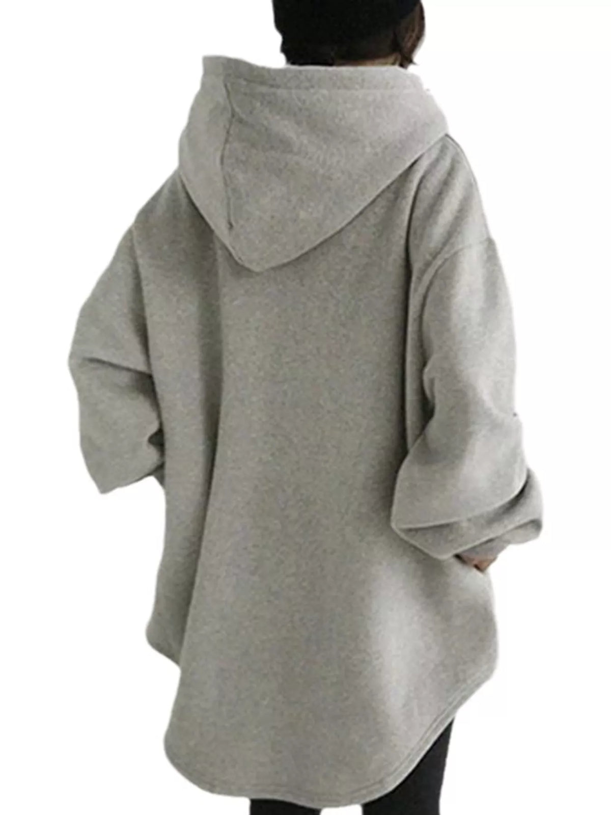 Gray drawstring hoodie, back view