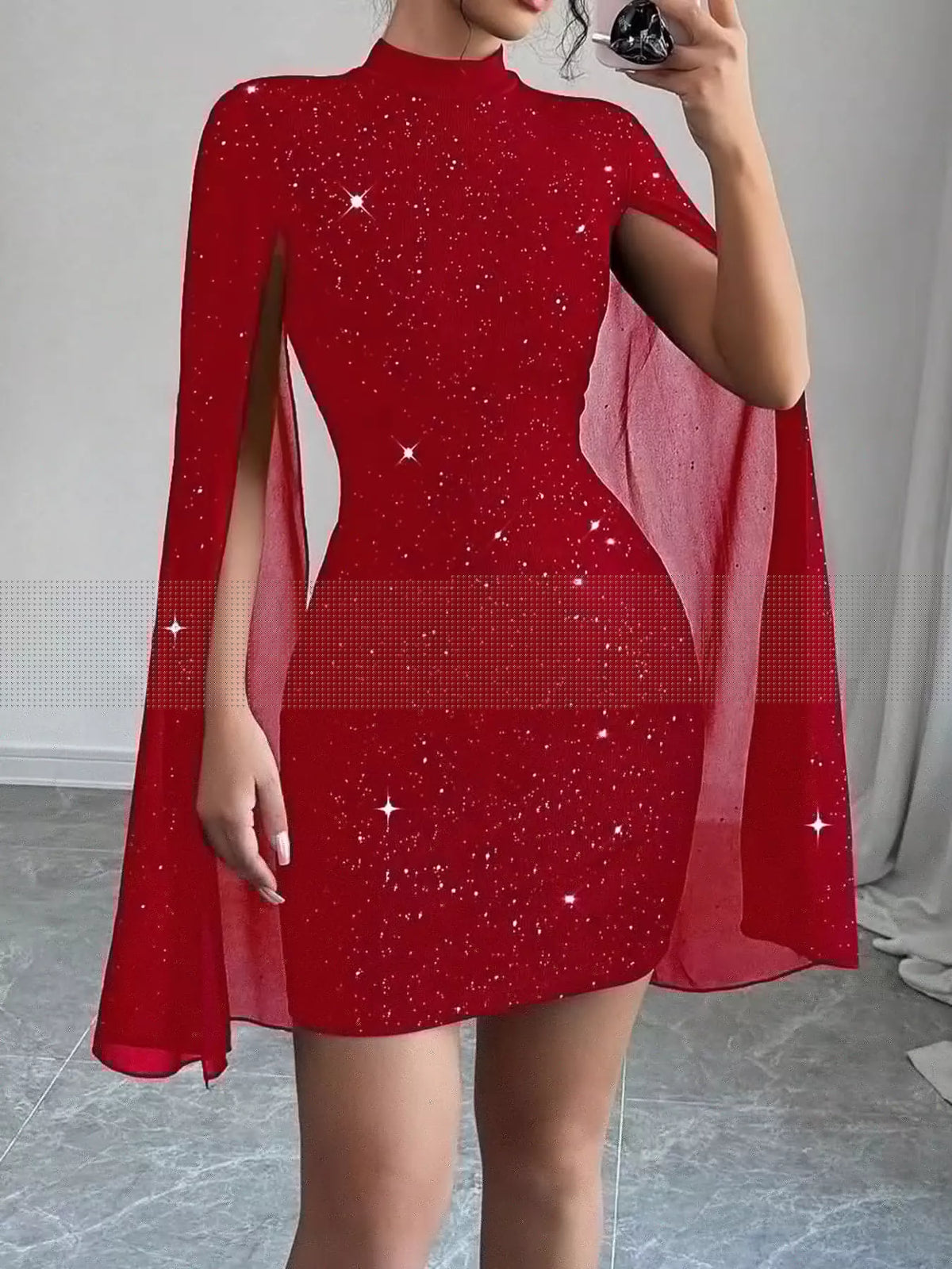 Red glitter mock neck cape-sleeve mini dress — front view