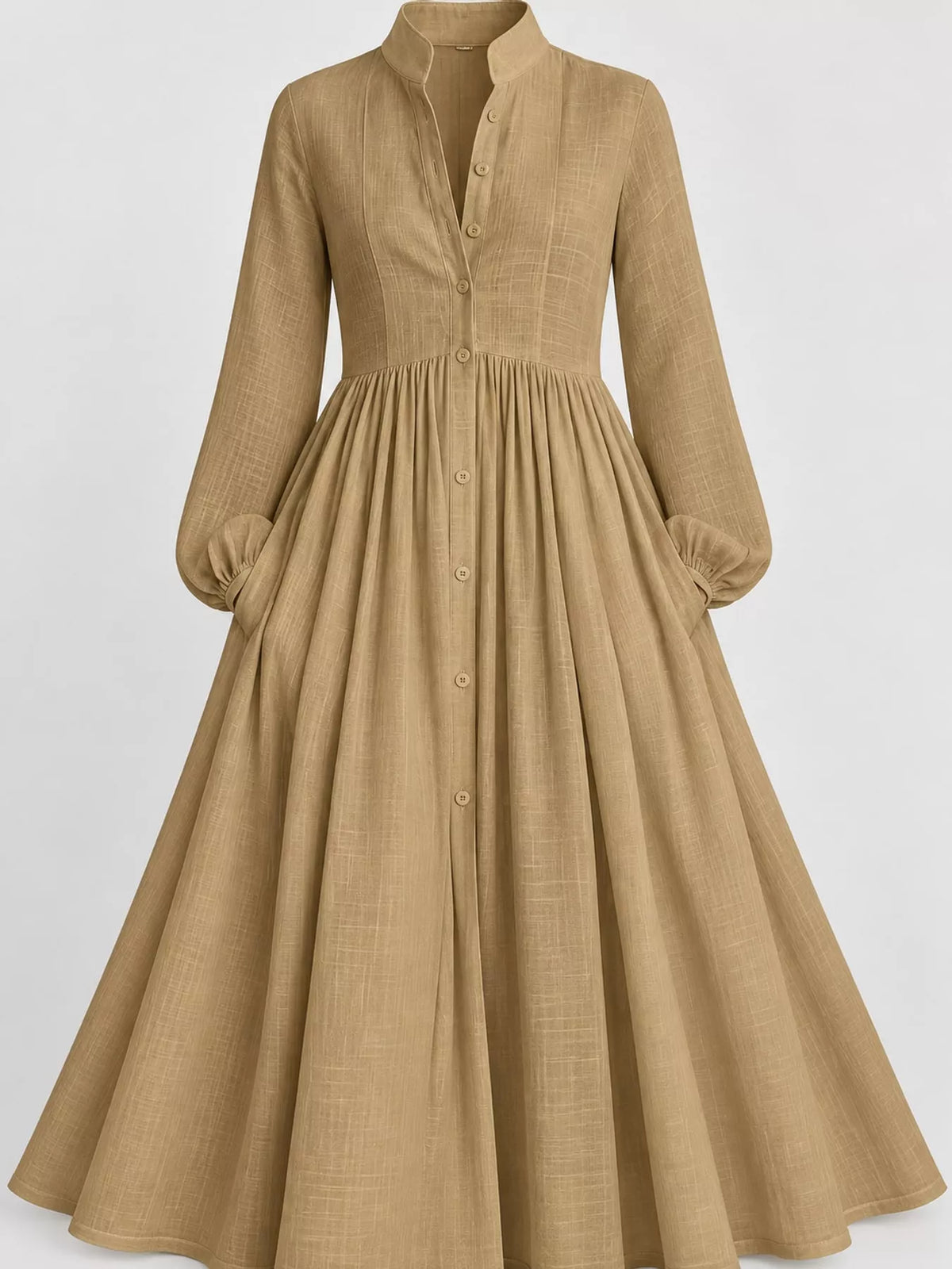 Khaki long sleeve button-front maxi dress, product view