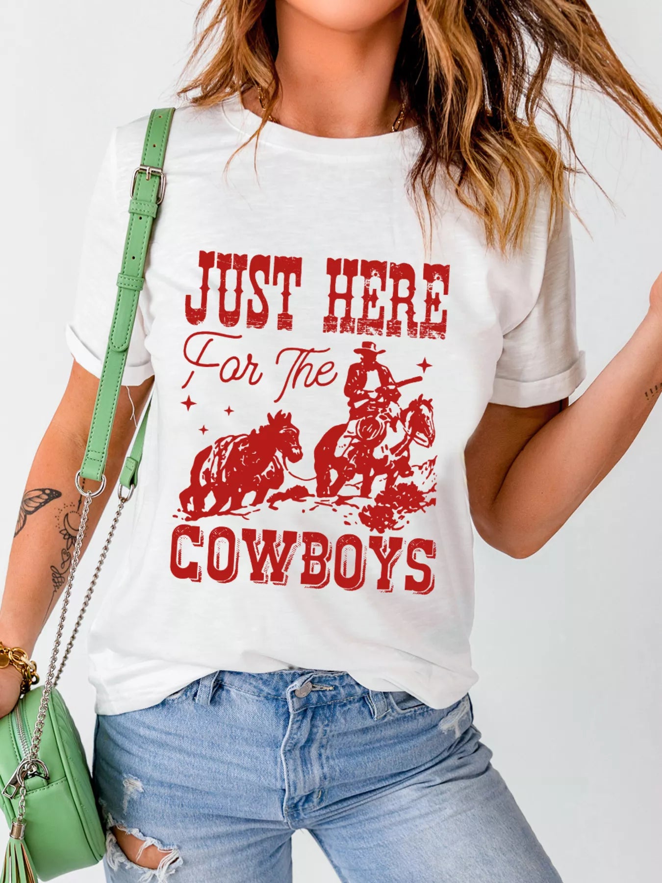 Trendsi JUST HERE For THE COWBOY Cuffed Sleeve Crew Neck T Shirt -