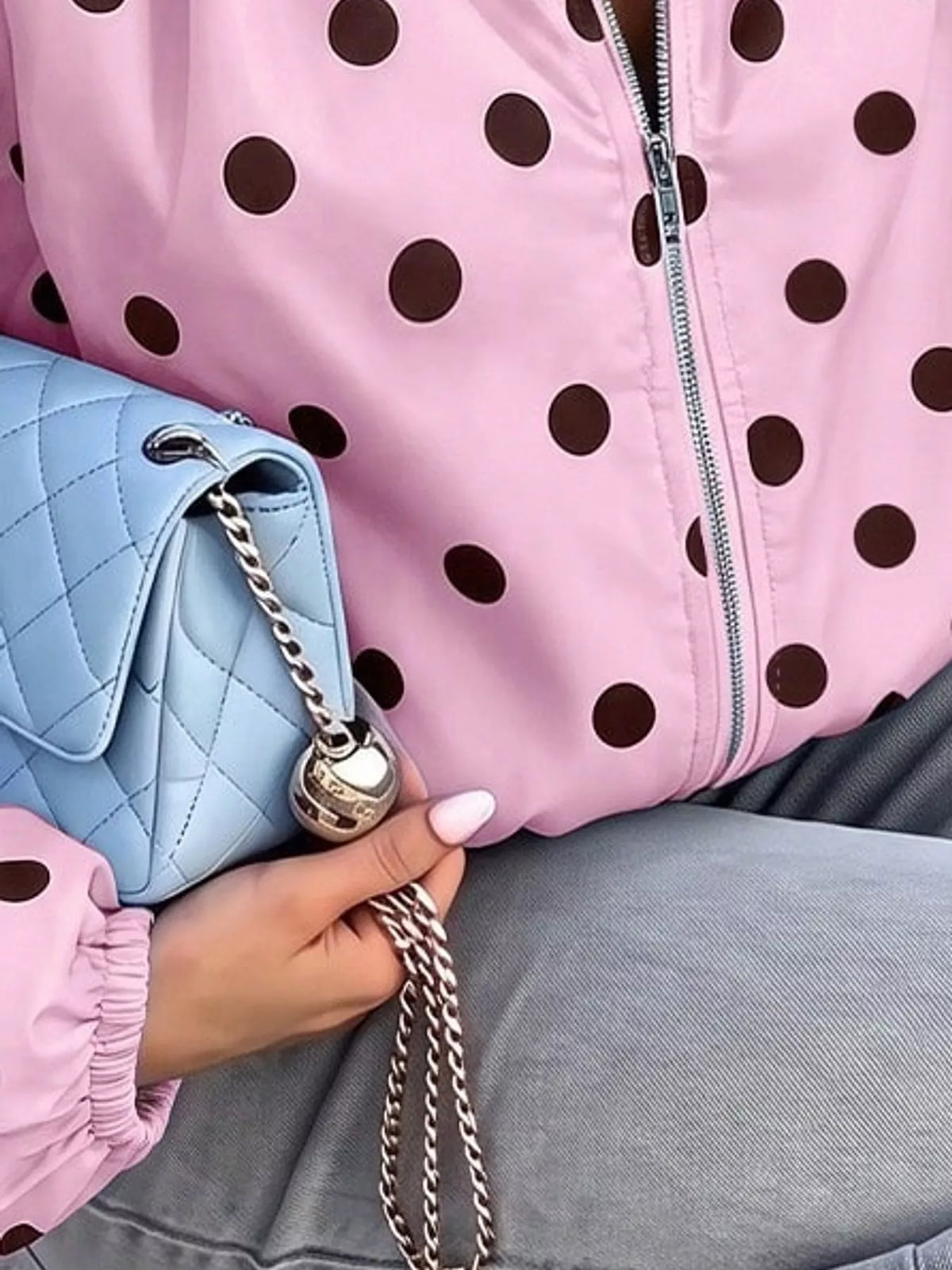 Polka Dot Drawstring Zip-Up Jacket — garment construction details