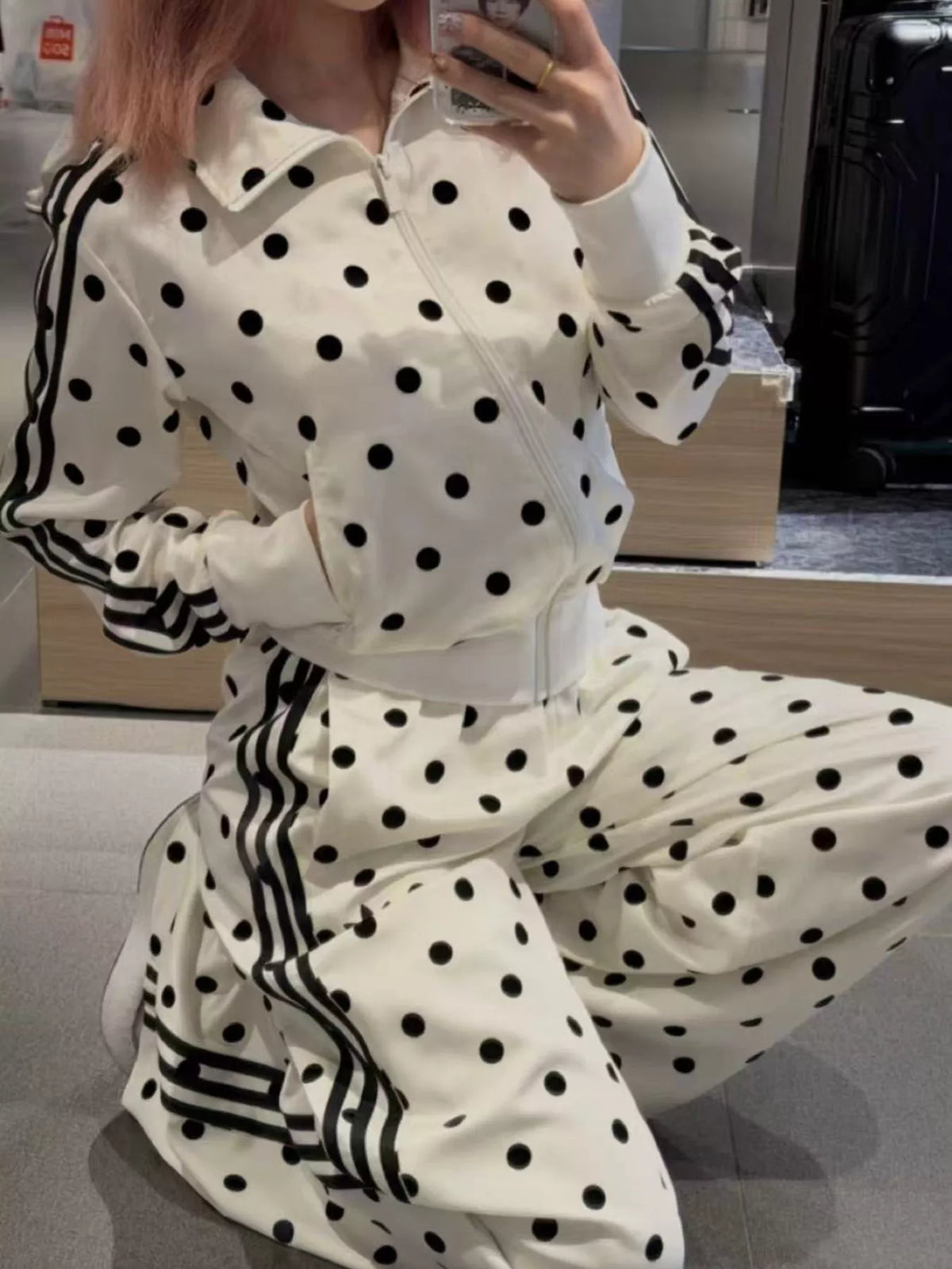 Trendsi Polka Dot Side Striped Outerwear and Pants Set -
