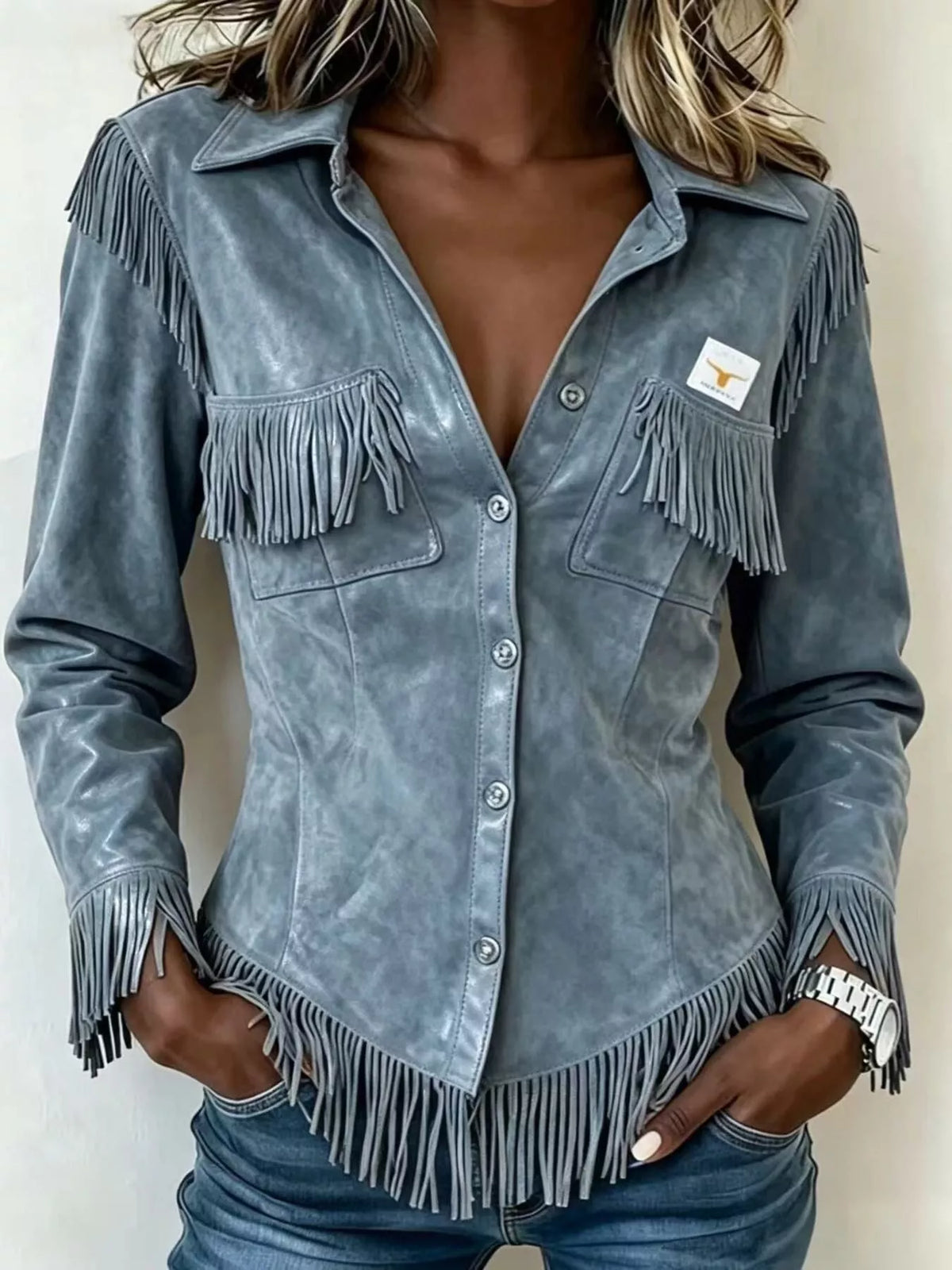 Fringed Snap Down Jacket in blue, front view