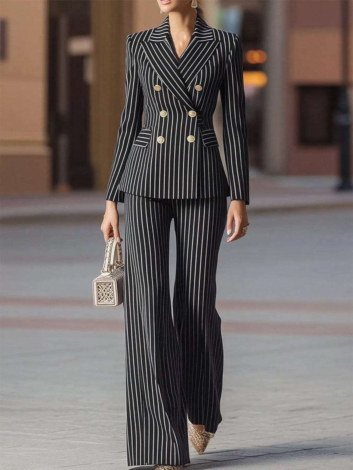 Pinstripe pantsuit, black suit front