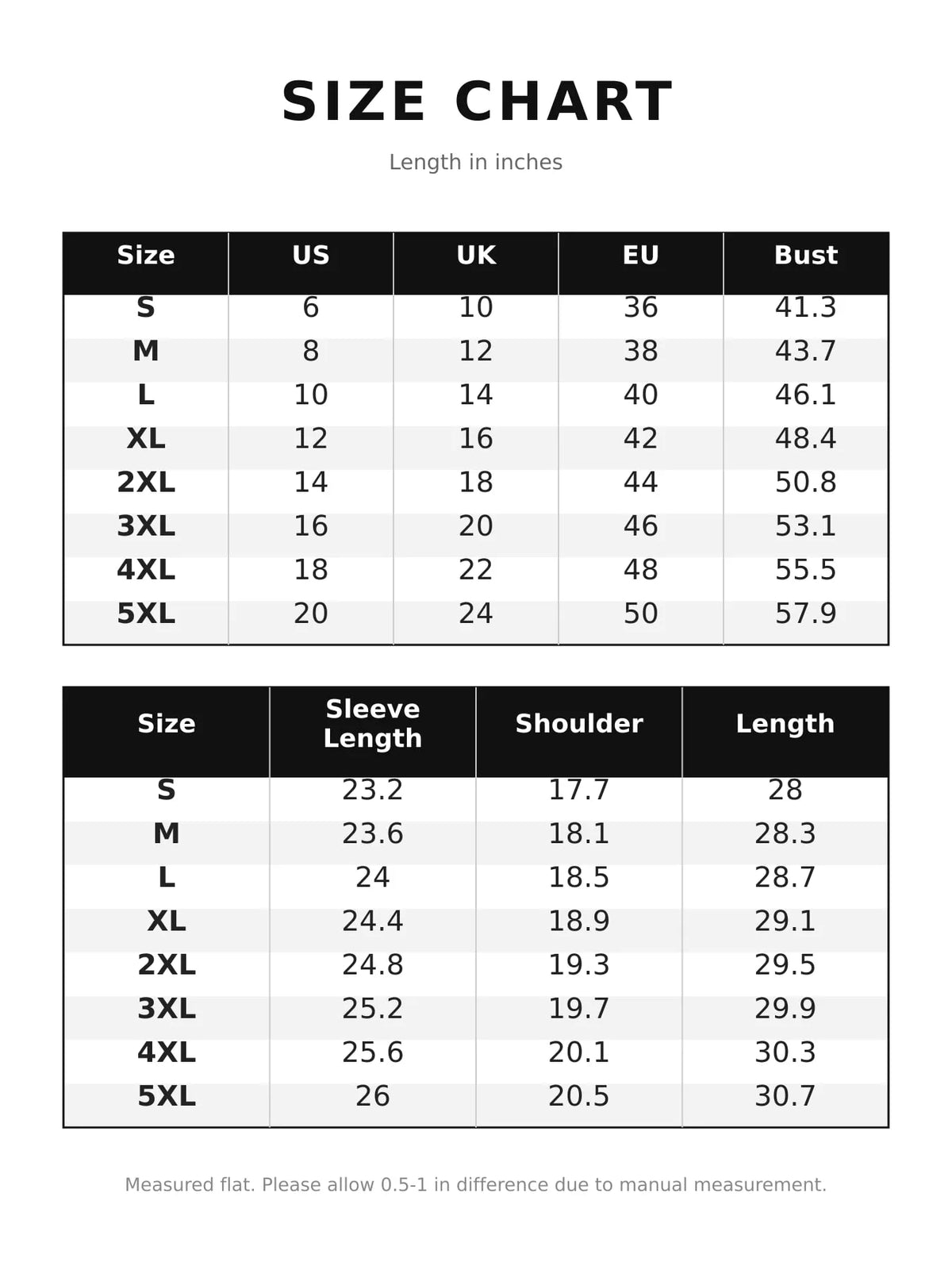 Size chart for drawstring hooded jacket