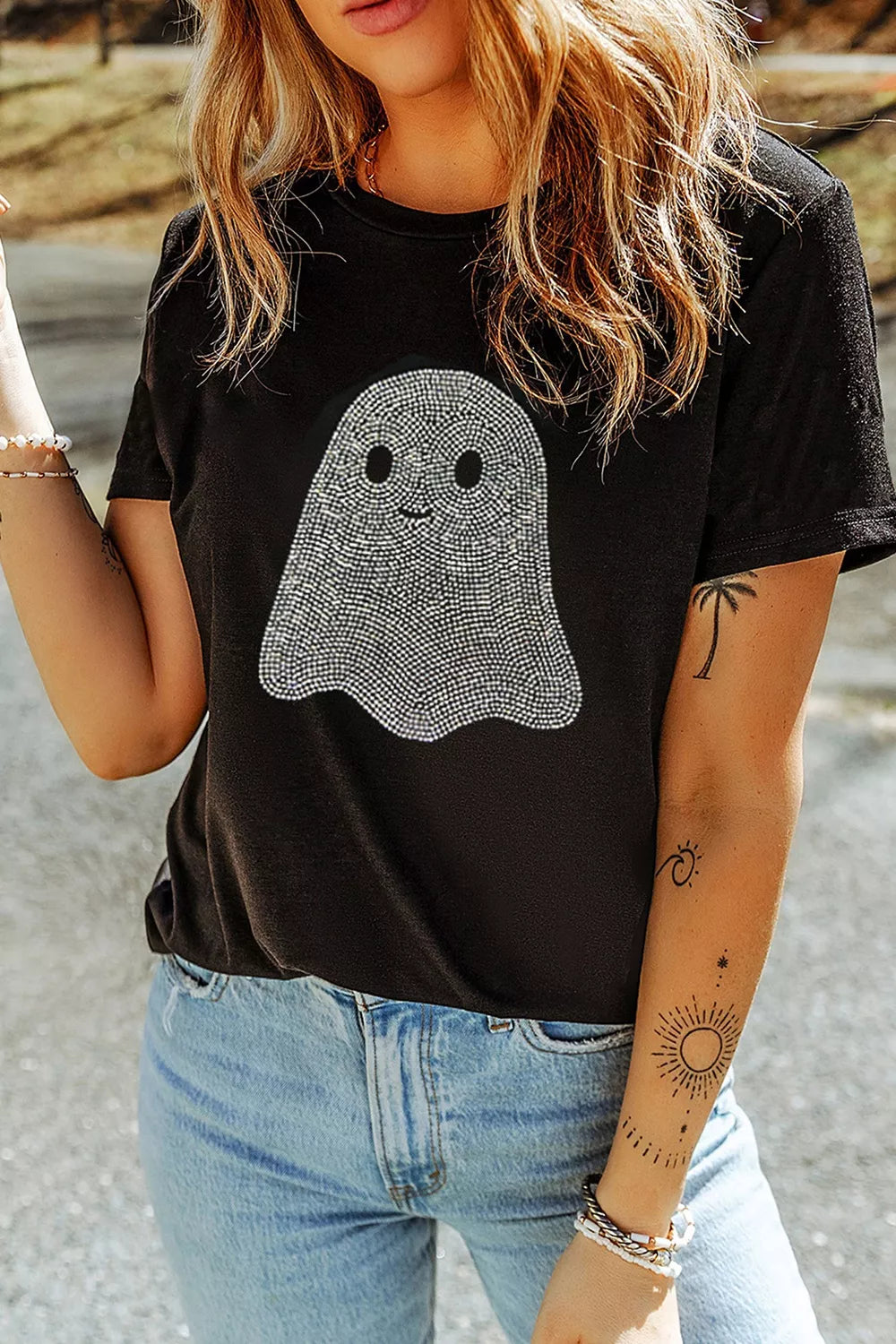 Rhinestone Ghost Round Neck T-Shirt in black, front view