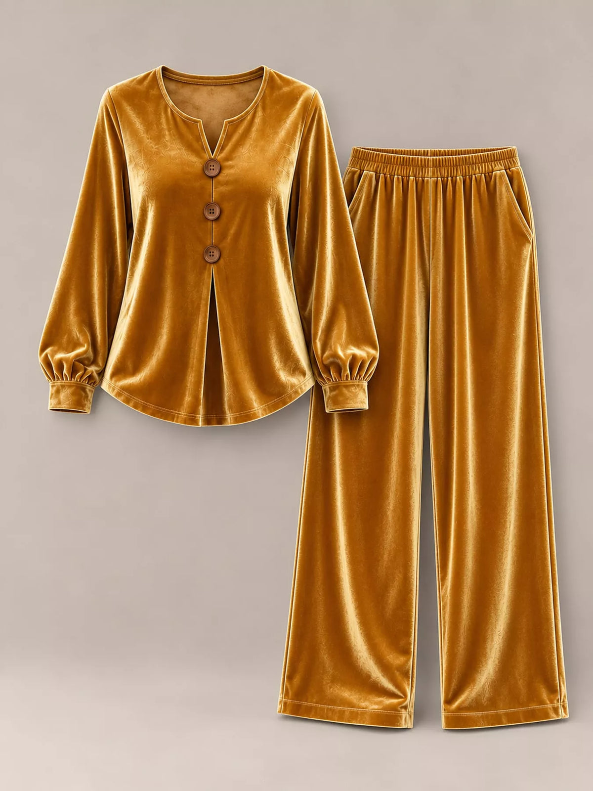 Gold decorative button top and pants set — front view