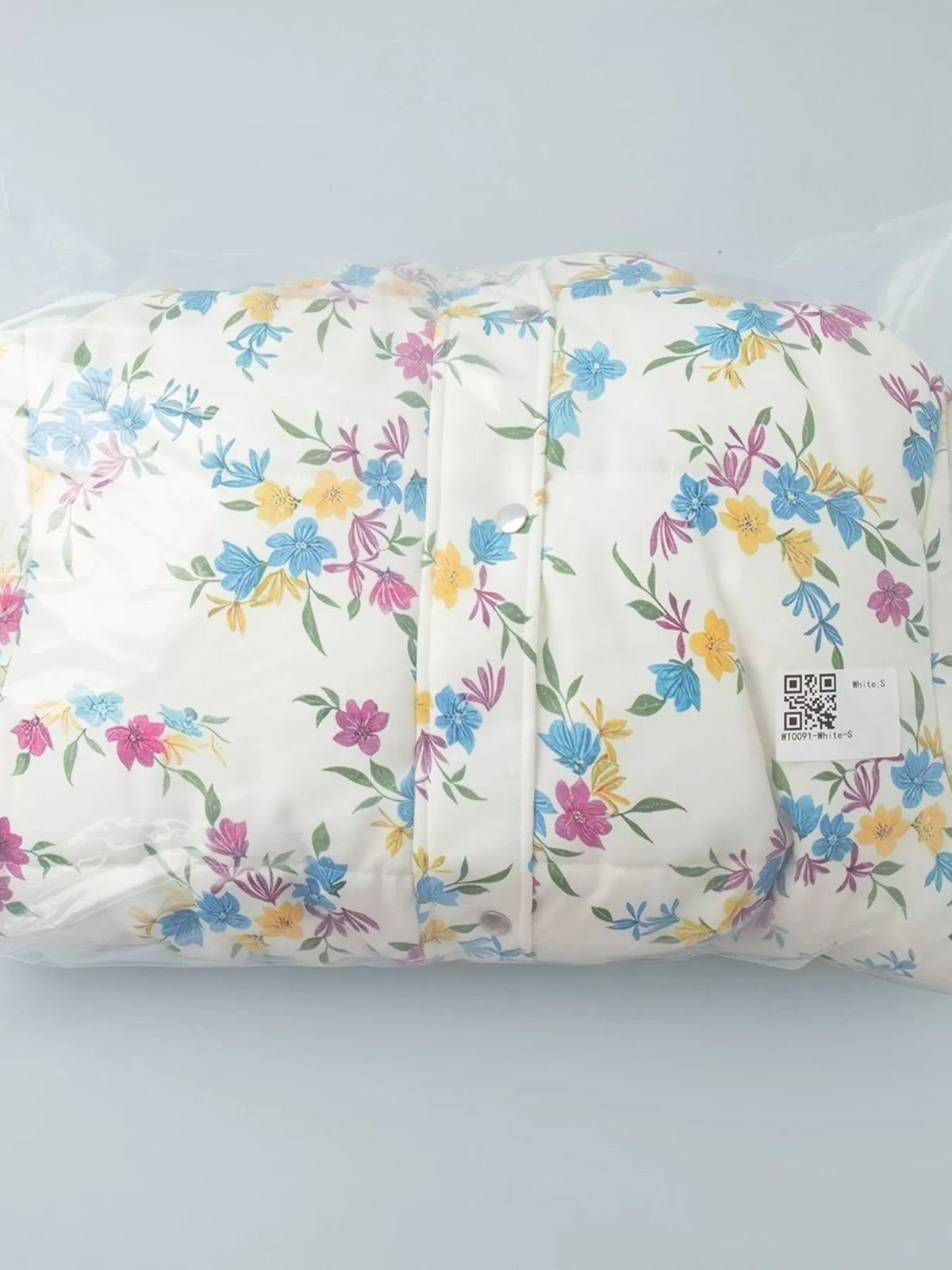 Floral Print Stand Collar Puffer Jacket, folded view