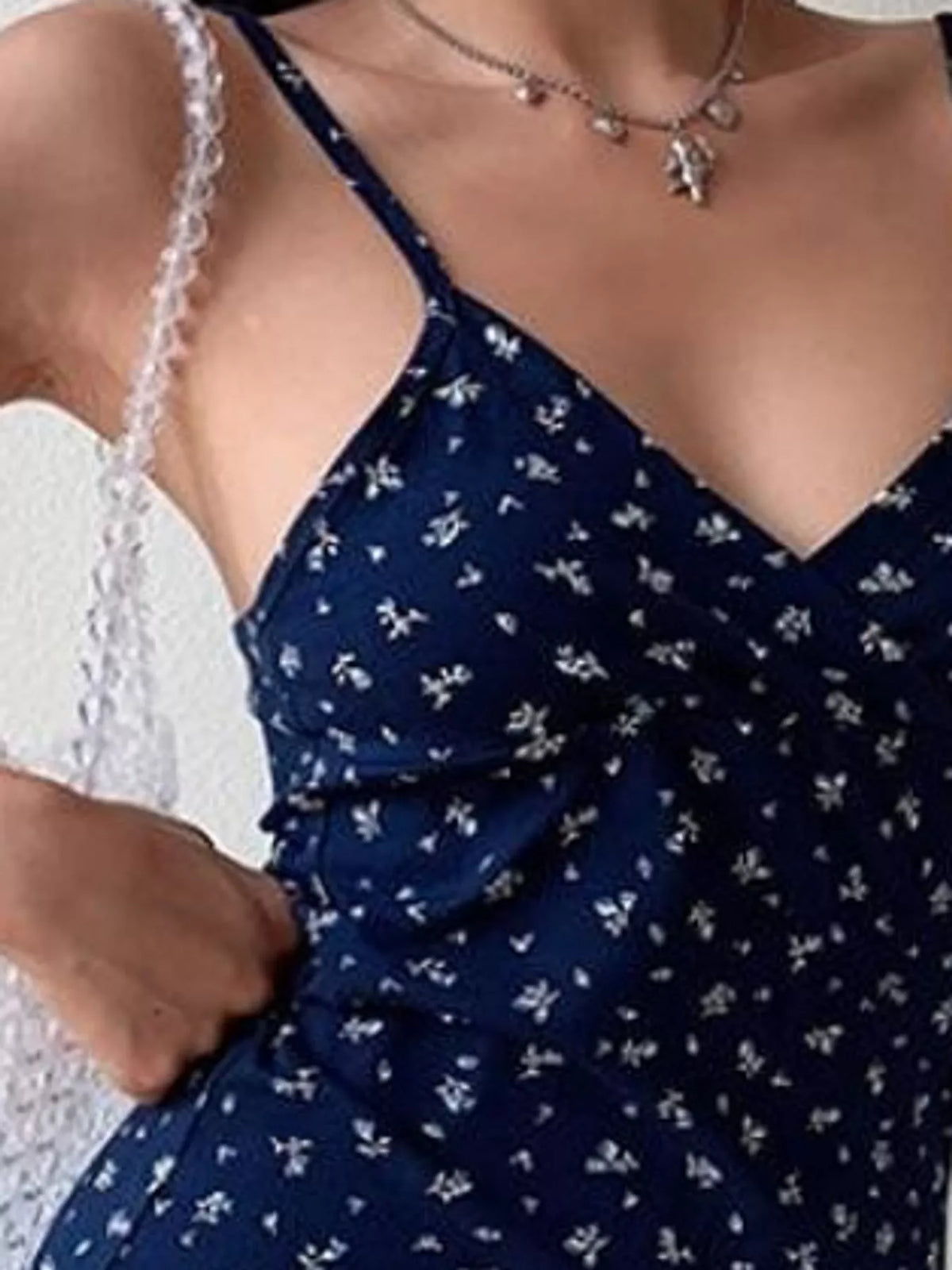 Women's Spaghetti Strap Mini Dress in navy — neckline detail view